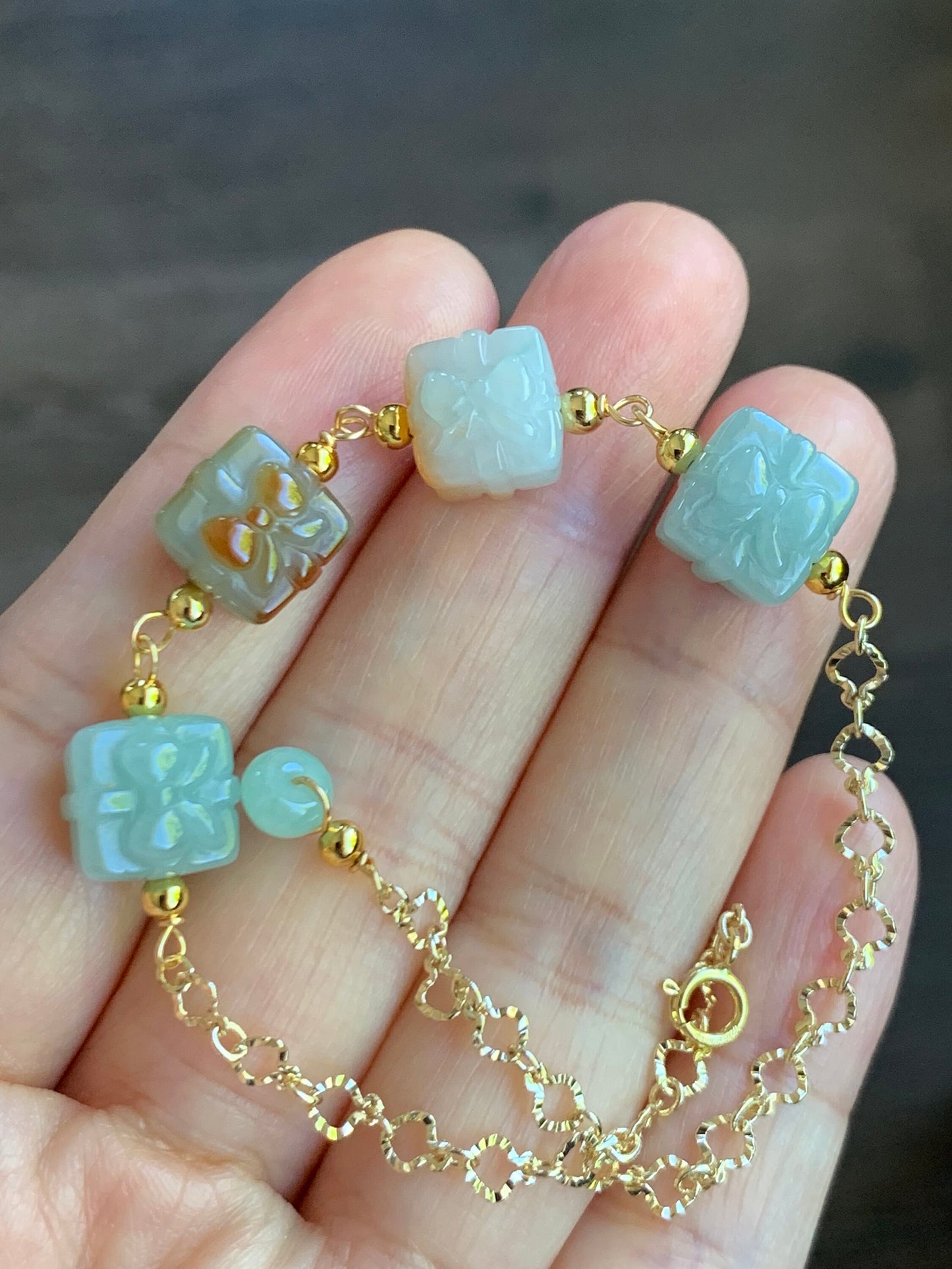 Holiday Special Natural Burmese Icy Multicolored Jadeite Gift Boxes 14K Yellow Gold Plated Chain Bracelet Adjustable 8” 天然缅甸多宝翡翠礼物包金手链