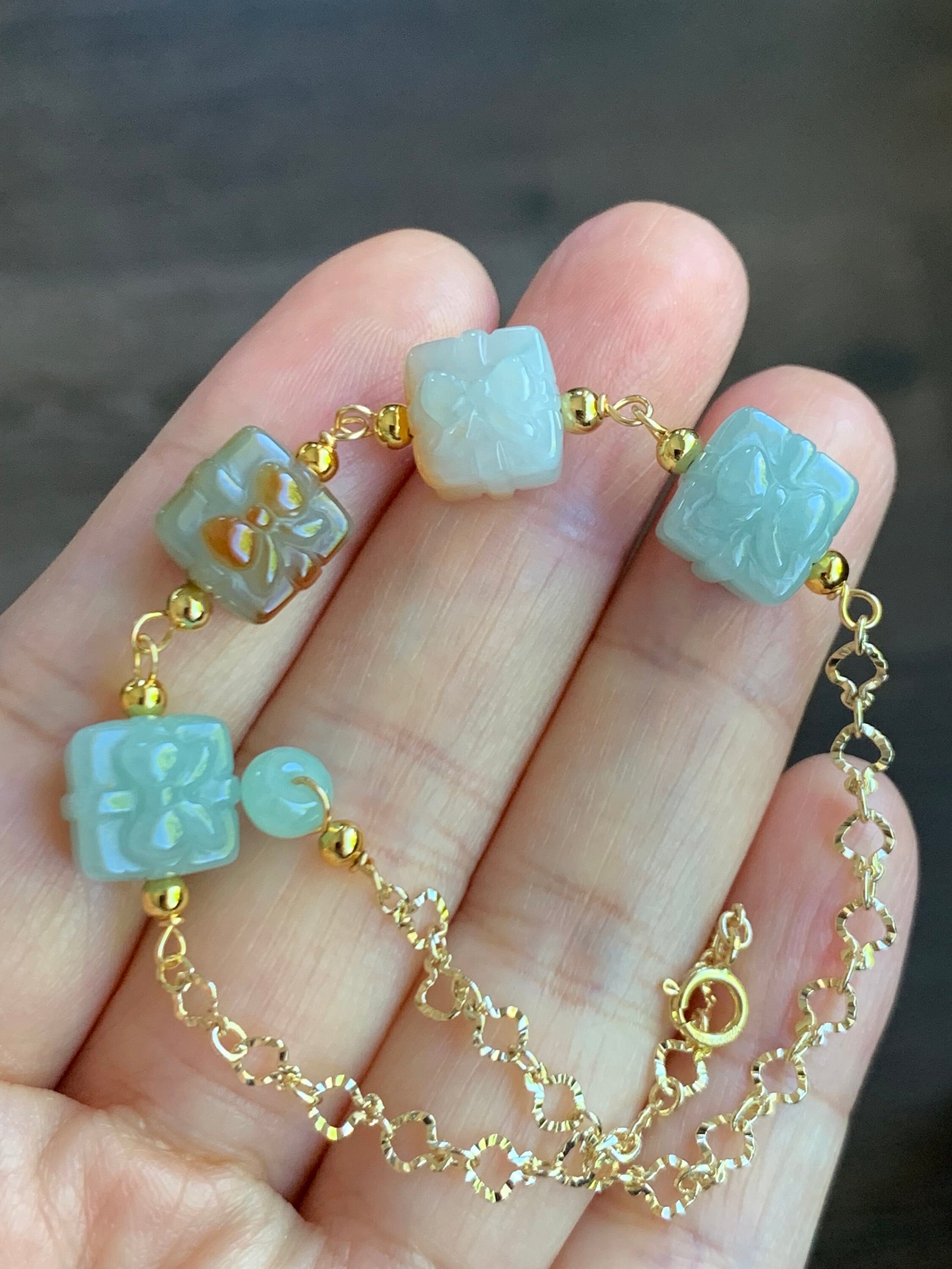 Holiday Special Natural Burmese Icy Multicolored Jadeite Gift Boxes 14K Yellow Gold Plated Chain Bracelet Adjustable 8” 天然缅甸多宝翡翠礼物包金手链