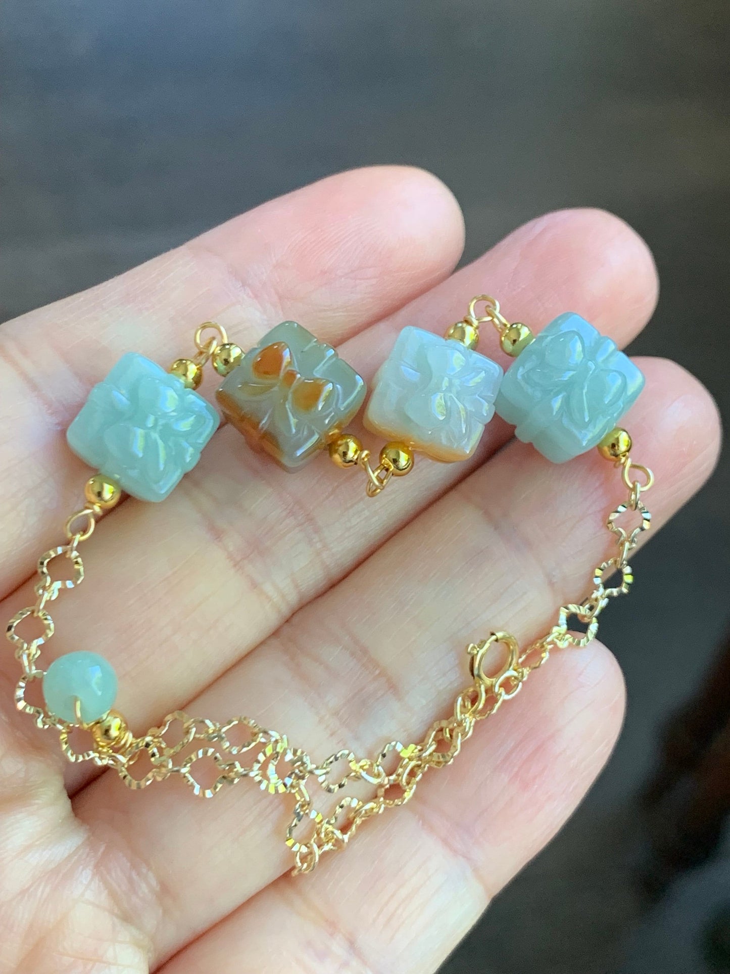 Holiday Special Natural Burmese Icy Multicolored Jadeite Gift Boxes 14K Yellow Gold Plated Chain Bracelet Adjustable 8” 天然缅甸多宝翡翠礼物包金手链