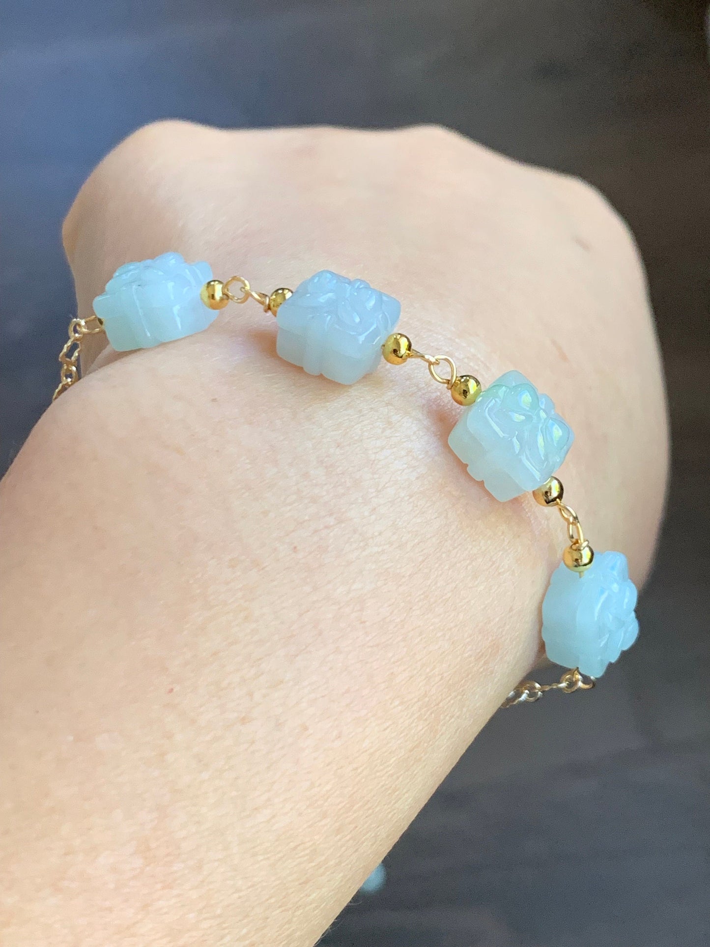 Holiday Special Natural Burmese Icy Multicolored Jadeite Gift Boxes 14K YG Plated Chain Bracelet Adjustable up to 8” 天然缅甸多宝翡翠礼物包金手链