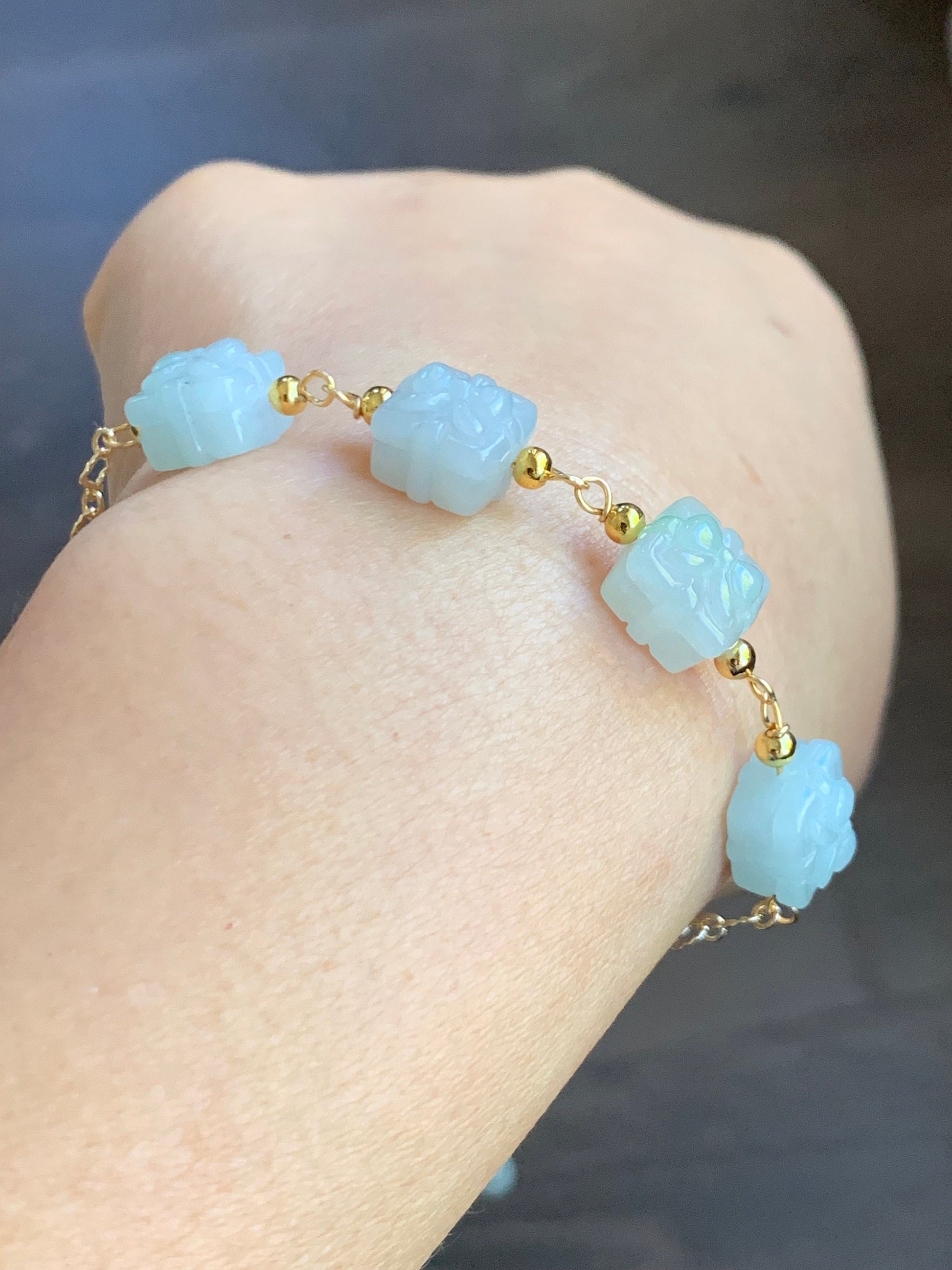 Holiday Special Natural Burmese Icy Multicolored Jadeite Gift Boxes 14K YG Plated Chain Bracelet Adjustable up to 8” 天然缅甸多宝翡翠礼物包金手链