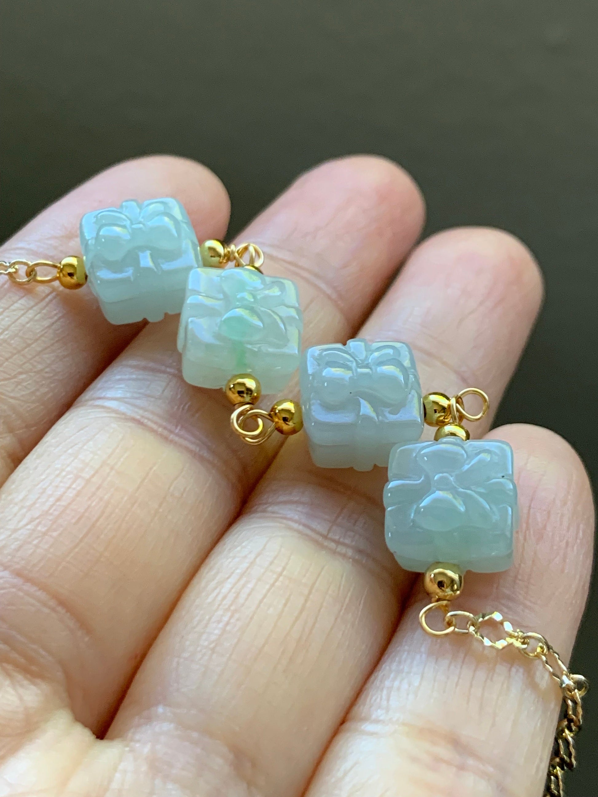 Holiday Special Natural Burmese Icy Multicolored Jadeite Gift Boxes 14K YG Plated Chain Bracelet Adjustable up to 8” 天然缅甸多宝翡翠礼物包金手链