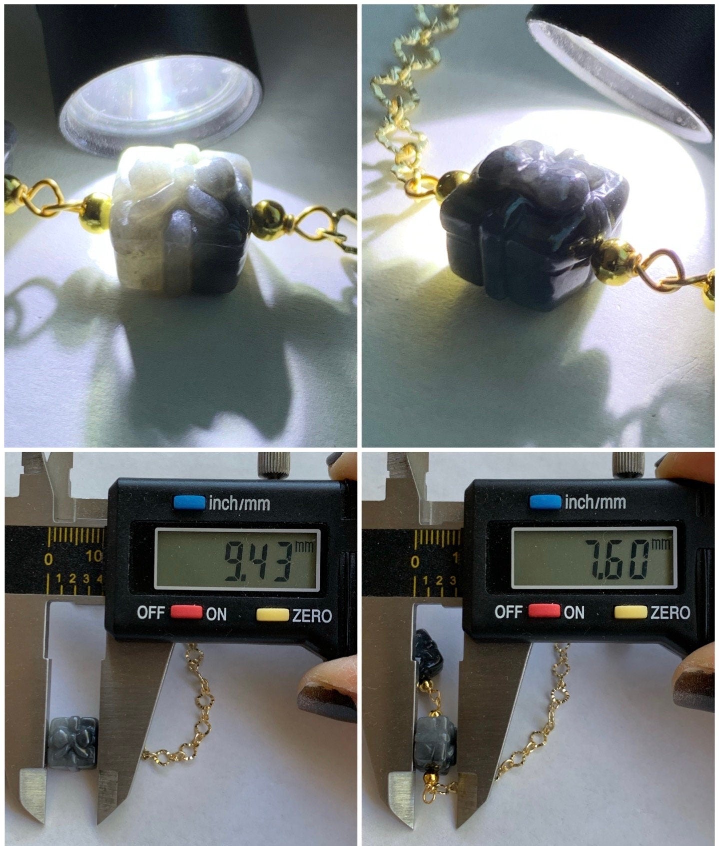 Holiday Special Natural Burmese Icy Wuji Jadeite Carved Gift Boxes 14K YG Plated Chain Bracelet Adjustable up to 7.5” 天然缅甸乌鸡翡翠礼物包金手链