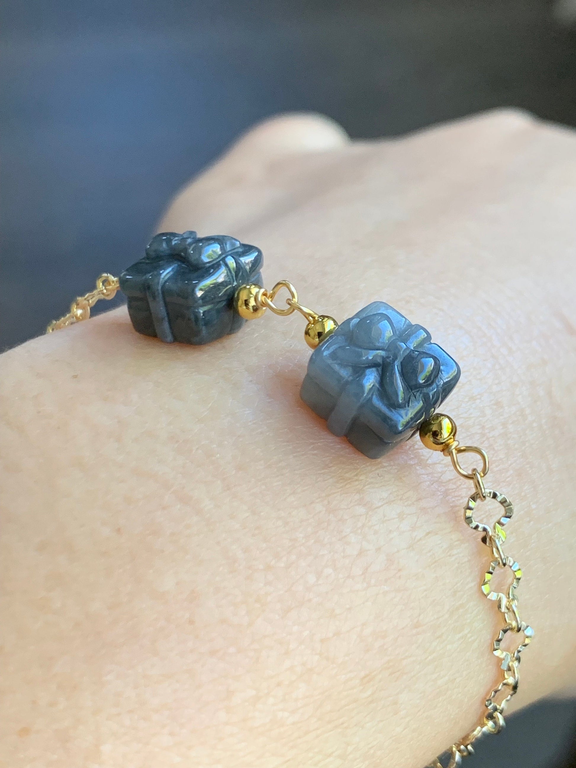 Holiday Special Natural Burmese Icy Wuji Jadeite Carved Gift Boxes 14K YG Plated Chain Bracelet Adjustable up to 7.5” 天然缅甸乌鸡翡翠礼物包金手链