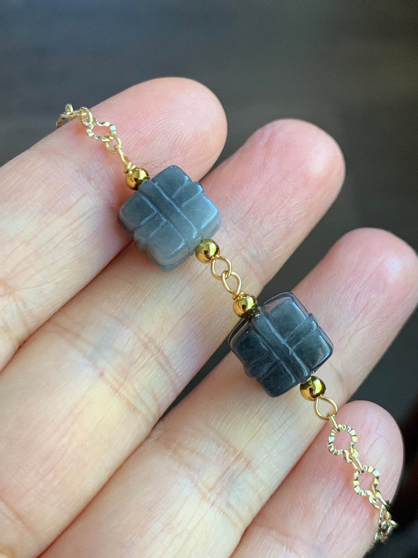 Holiday Special Natural Burmese Icy Wuji Jadeite Carved Gift Boxes 14K YG Plated Chain Bracelet Adjustable up to 7.5” 天然缅甸乌鸡翡翠礼物包金手链