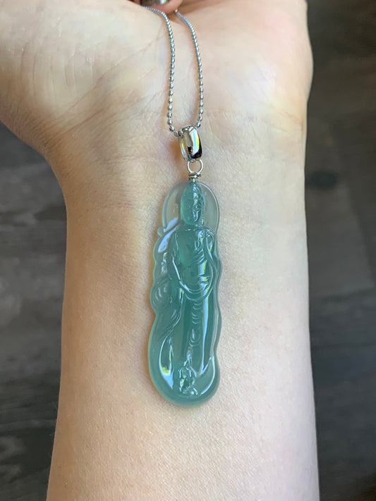 Certified Natural Guatemalan Icy Highly Translucent Gelatinous Light Green Jadeite Guanyin Pendant Sterling Silver 天然冰胶危淡晴绿翡翠观音吊坠 5131