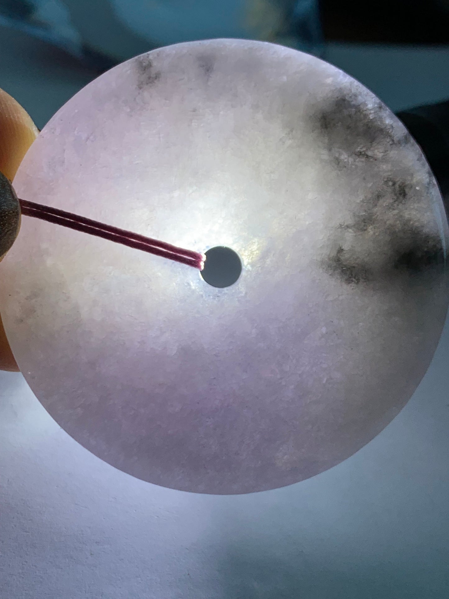 Huge Natural Burmese Icy Translucent Purple Wuji Marbled Jadeite Ping An Kou Donut Pendant Rope Necklace 24” Adjustable 天然缅甸冰紫乌鸡翡翠大平安扣吊坠