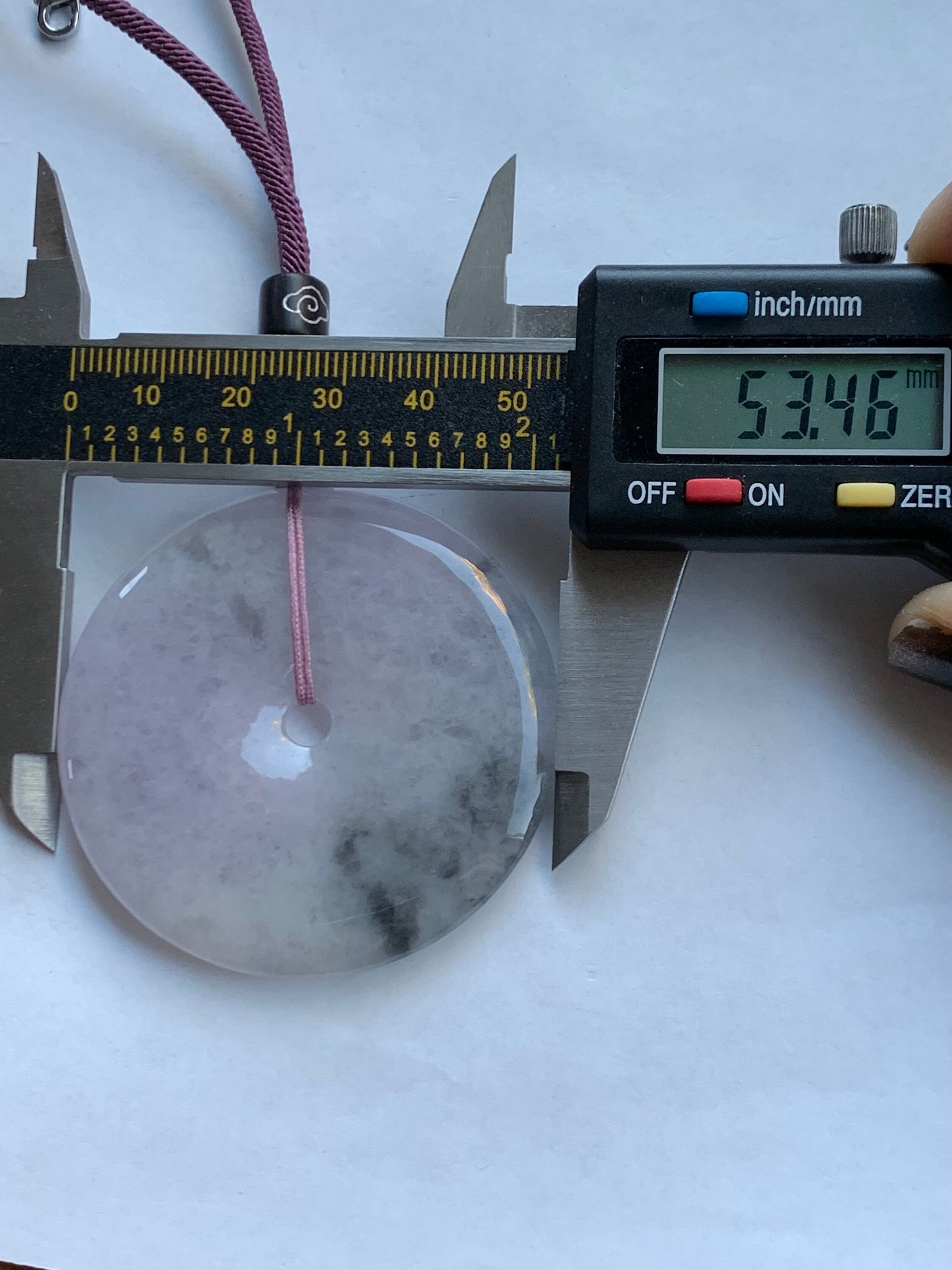 Huge Natural Burmese Icy Translucent Purple Wuji Marbled Jadeite Ping An Kou Donut Pendant Rope Necklace 24” Adjustable 天然缅甸冰紫乌鸡翡翠大平安扣吊坠