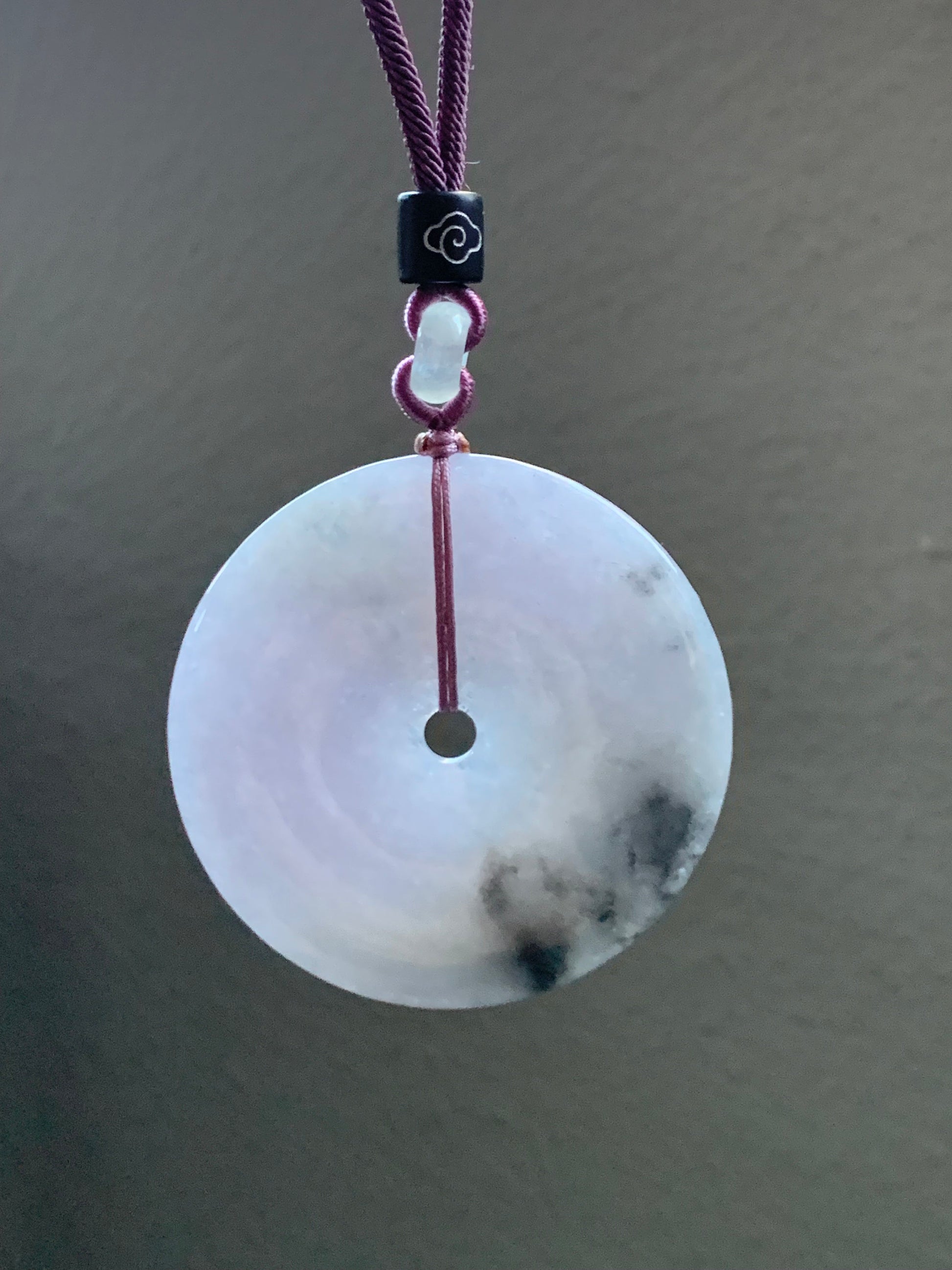 Huge Natural Burmese Icy Translucent Purple Wuji Marbled Jadeite Ping An Kou Donut Pendant Rope Necklace 24” Adjustable 天然缅甸冰紫乌鸡翡翠大平安扣吊坠