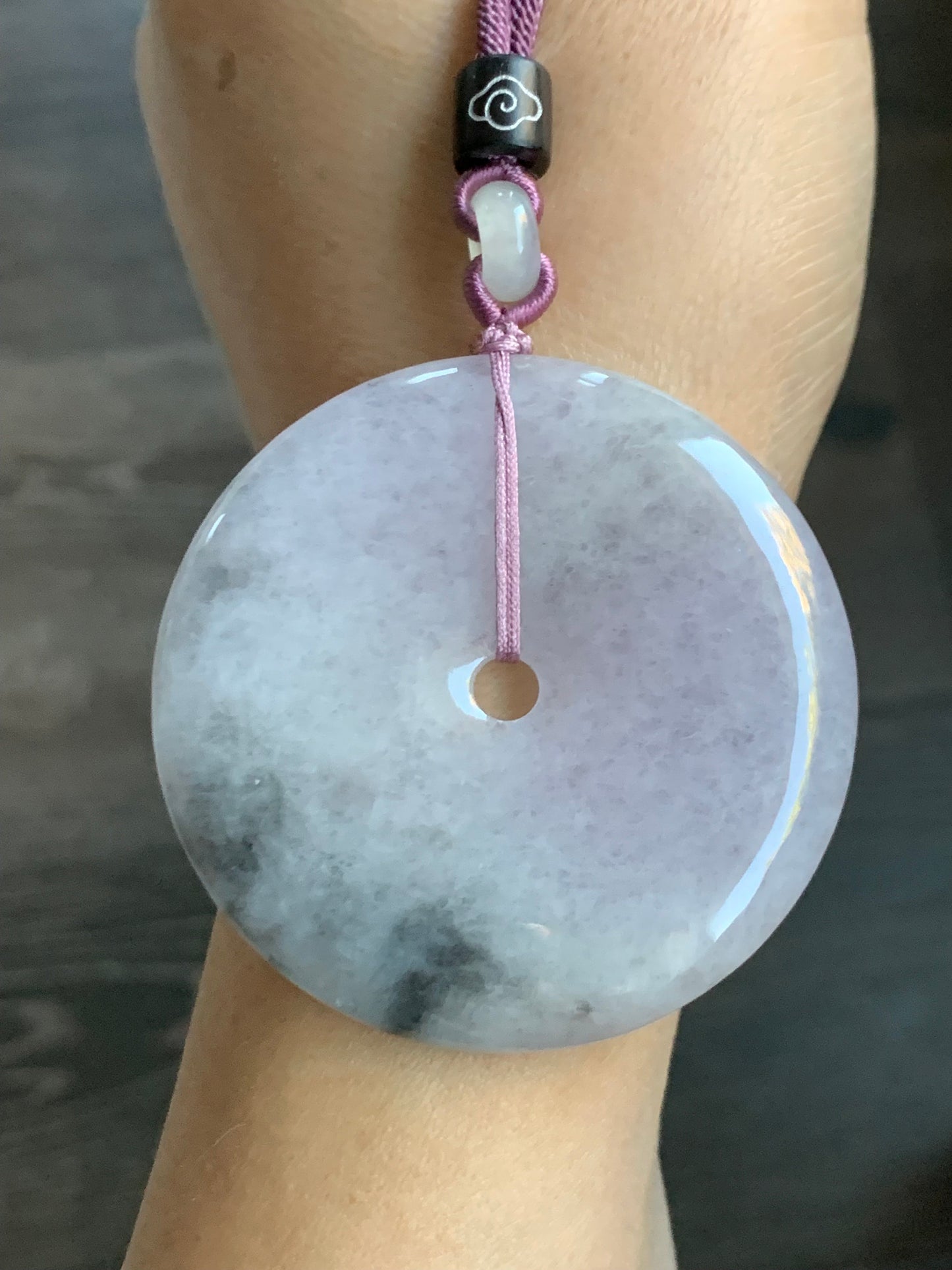 Huge Natural Burmese Icy Translucent Purple Wuji Marbled Jadeite Ping An Kou Donut Pendant Rope Necklace 24” Adjustable 天然缅甸冰紫乌鸡翡翠大平安扣吊坠