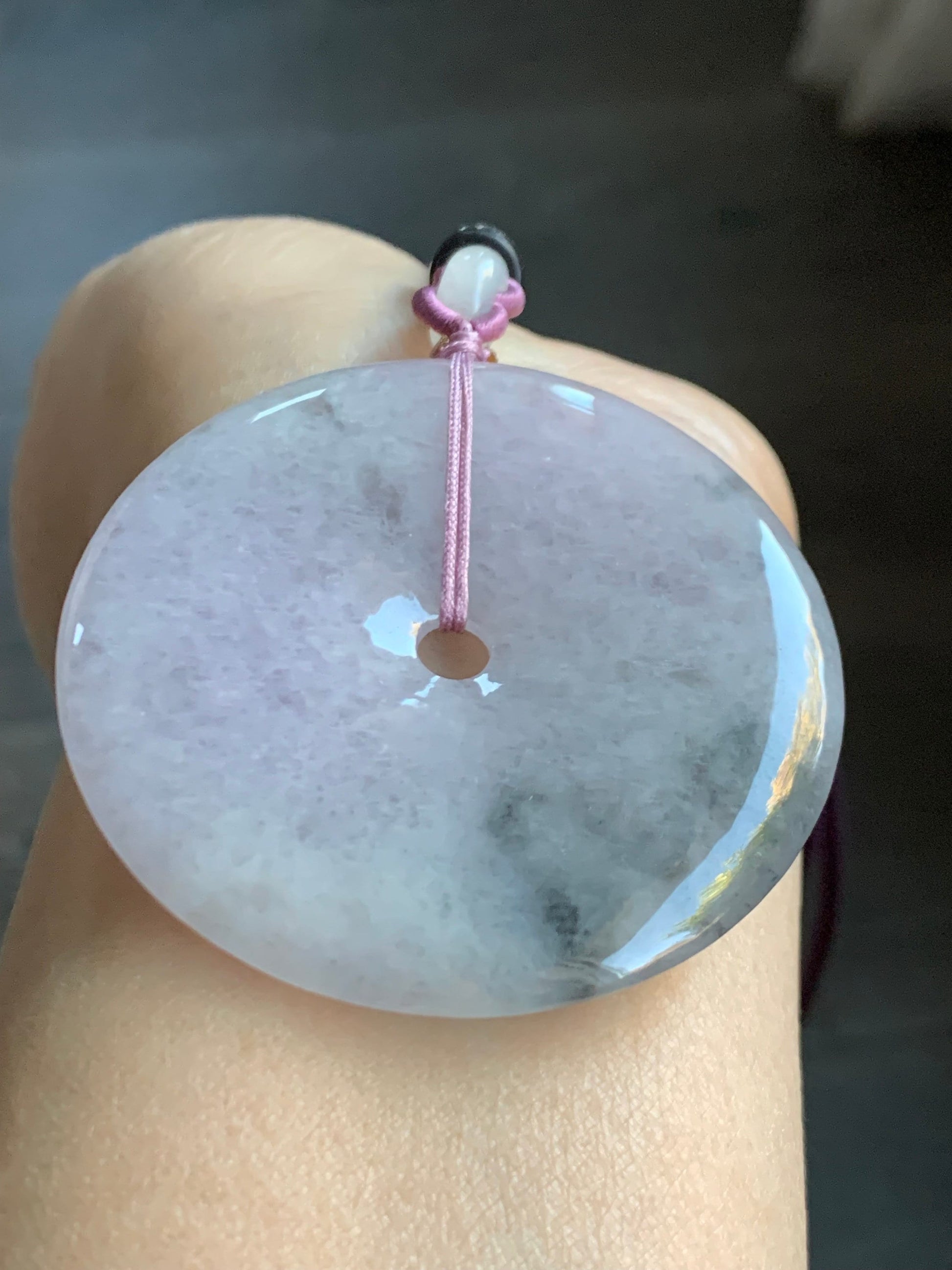 Huge Natural Burmese Icy Translucent Purple Wuji Marbled Jadeite Ping An Kou Donut Pendant Rope Necklace 24” Adjustable 天然缅甸冰紫乌鸡翡翠大平安扣吊坠