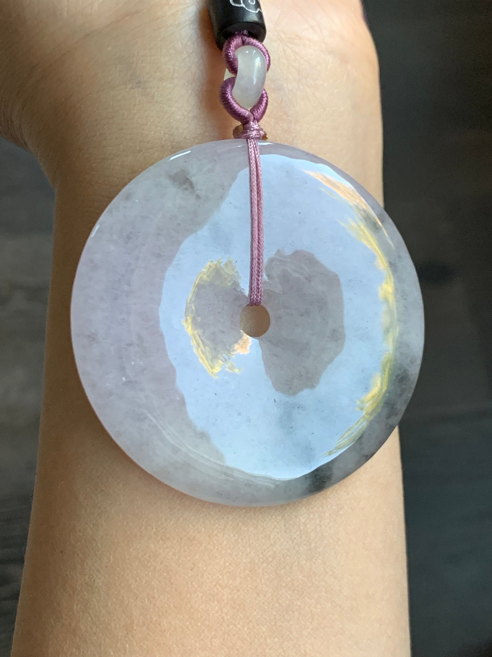 Huge Natural Burmese Icy Translucent Purple Wuji Marbled Jadeite Ping An Kou Donut Pendant Rope Necklace 24” Adjustable 天然缅甸冰紫乌鸡翡翠大平安扣吊坠