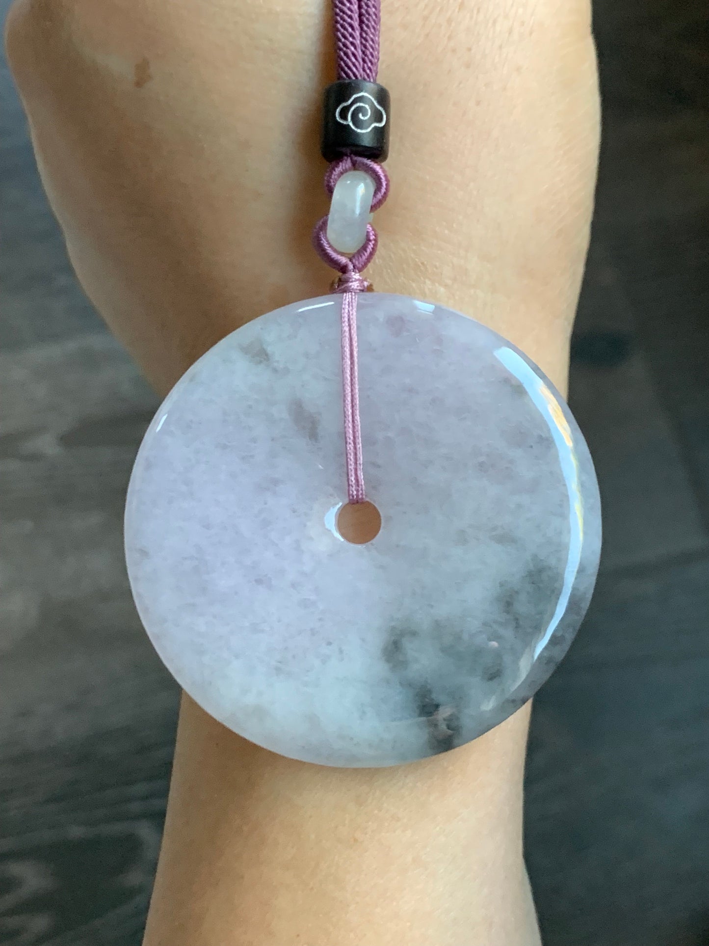 Huge Natural Burmese Icy Translucent Purple Wuji Marbled Jadeite Ping An Kou Donut Pendant Rope Necklace 24” Adjustable 天然缅甸冰紫乌鸡翡翠大平安扣吊坠