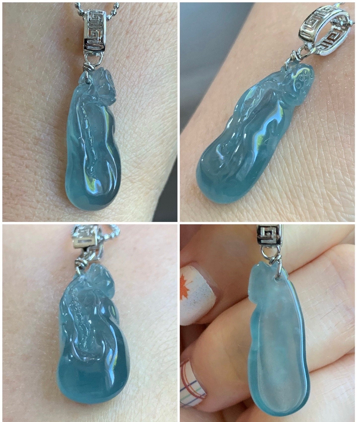 Natural Guatemalan Premium Icy Highly Translucent Gelatinous Blue Jadeite Carved Lotus Flower Pendant Sterling Silver 天然冰胶高危蓝水翡翠一品清莲银镶吊坠