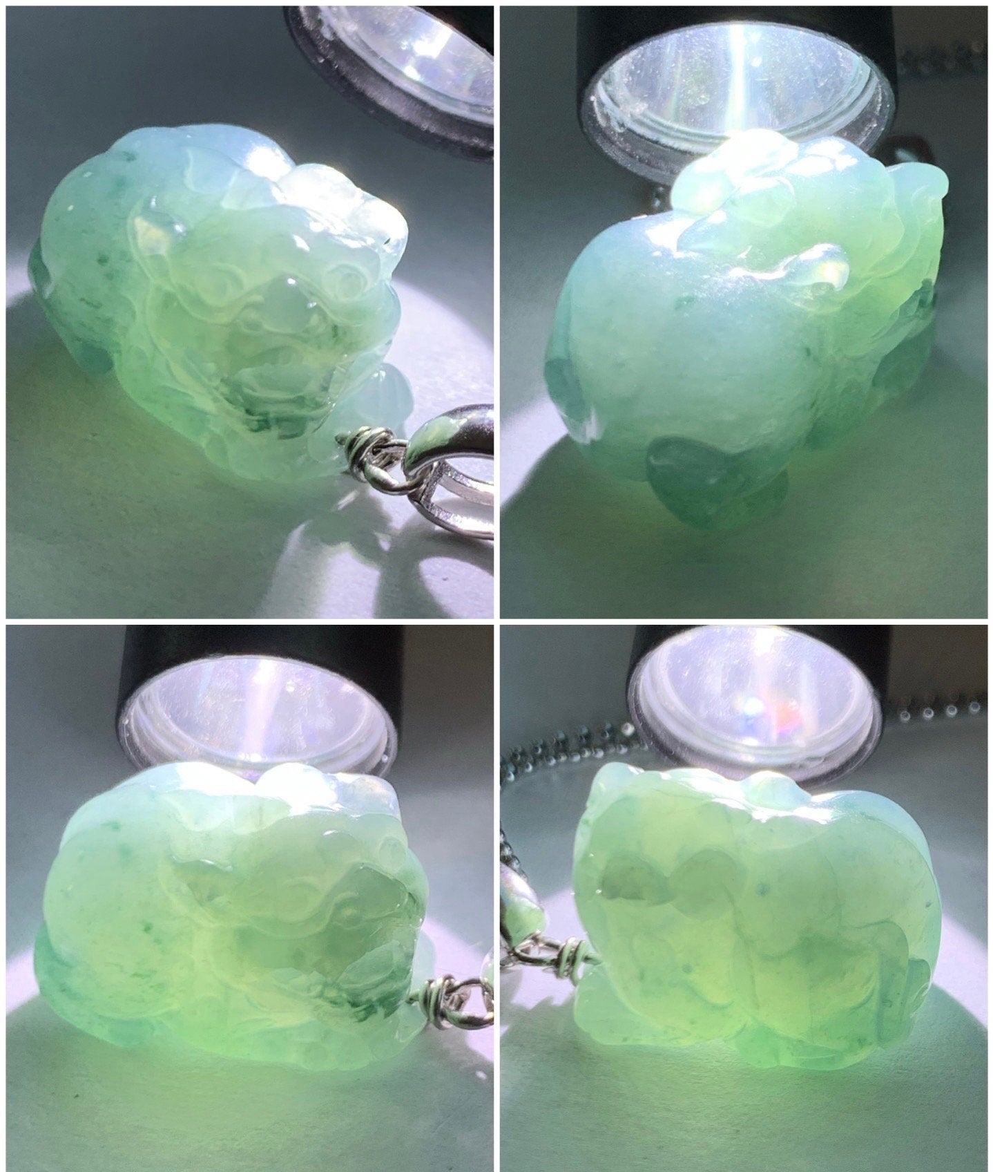 Natural Guatemalan Icy Translucent Gelatinous Bright Blue Jadeite Carved Pixiu Pendant Sterling Silver Bail 天然老种冰胶危料蓝水翡翠貔貅吊坠