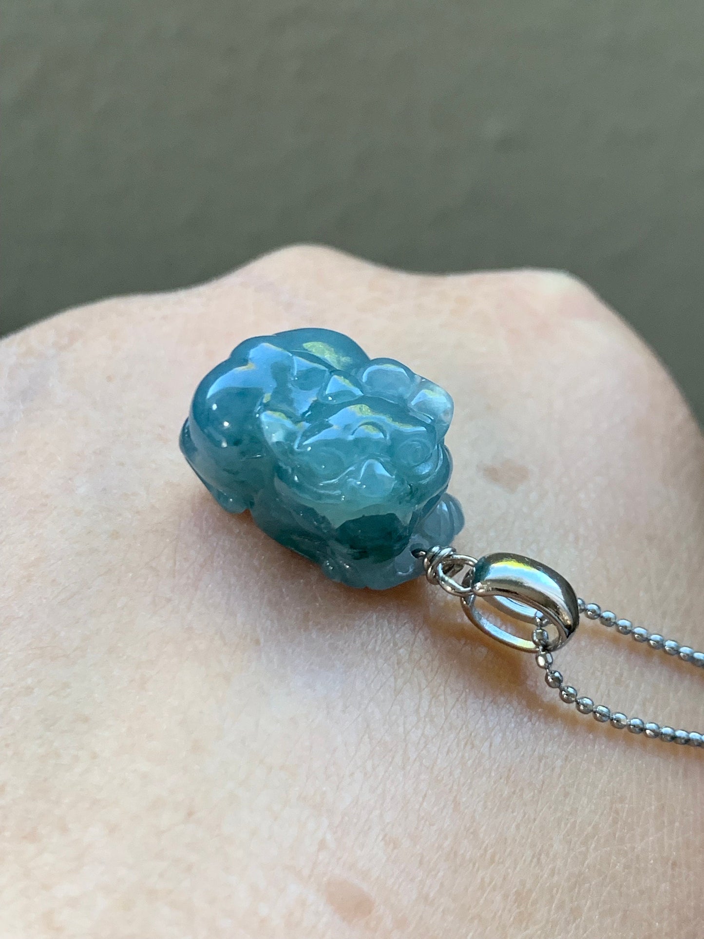 Natural Guatemalan Icy Translucent Gelatinous Bright Blue Jadeite Carved Pixiu Pendant Sterling Silver Bail 天然老种冰胶危料蓝水翡翠貔貅吊坠