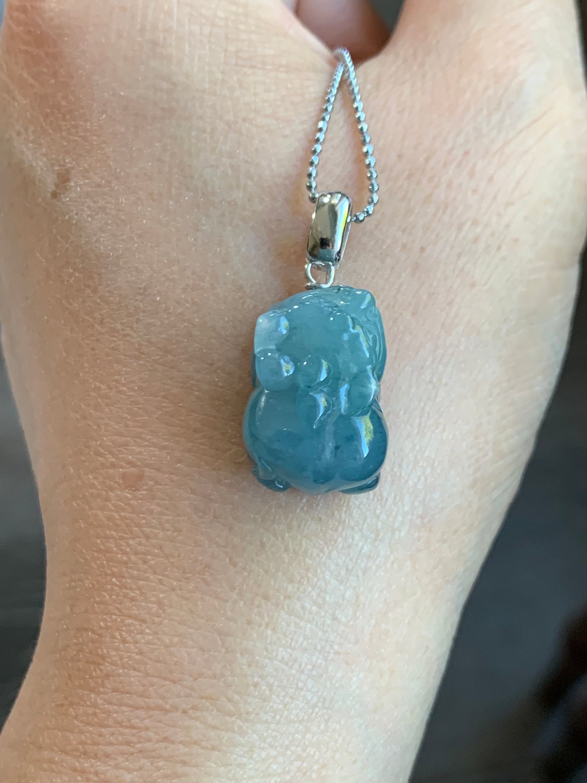 Natural Guatemalan Icy Translucent Gelatinous Bright Blue Jadeite Carved Pixiu Pendant Sterling Silver Bail 天然老种冰胶危料蓝水翡翠貔貅吊坠