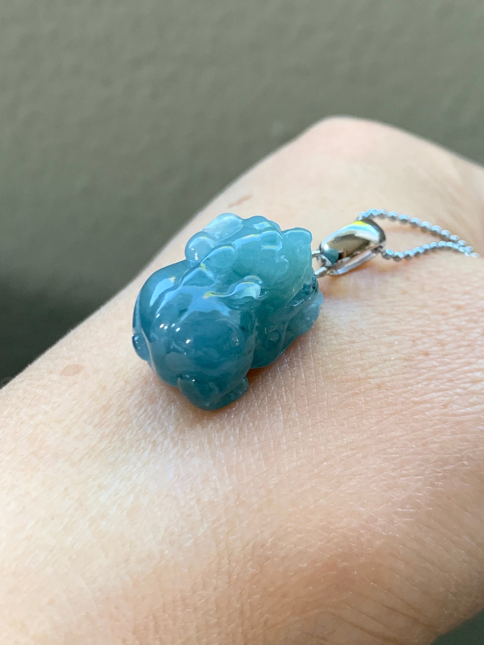 Natural Guatemalan Icy Translucent Gelatinous Bright Blue Jadeite Carved Pixiu Pendant Sterling Silver Bail 天然老种冰胶危料蓝水翡翠貔貅吊坠