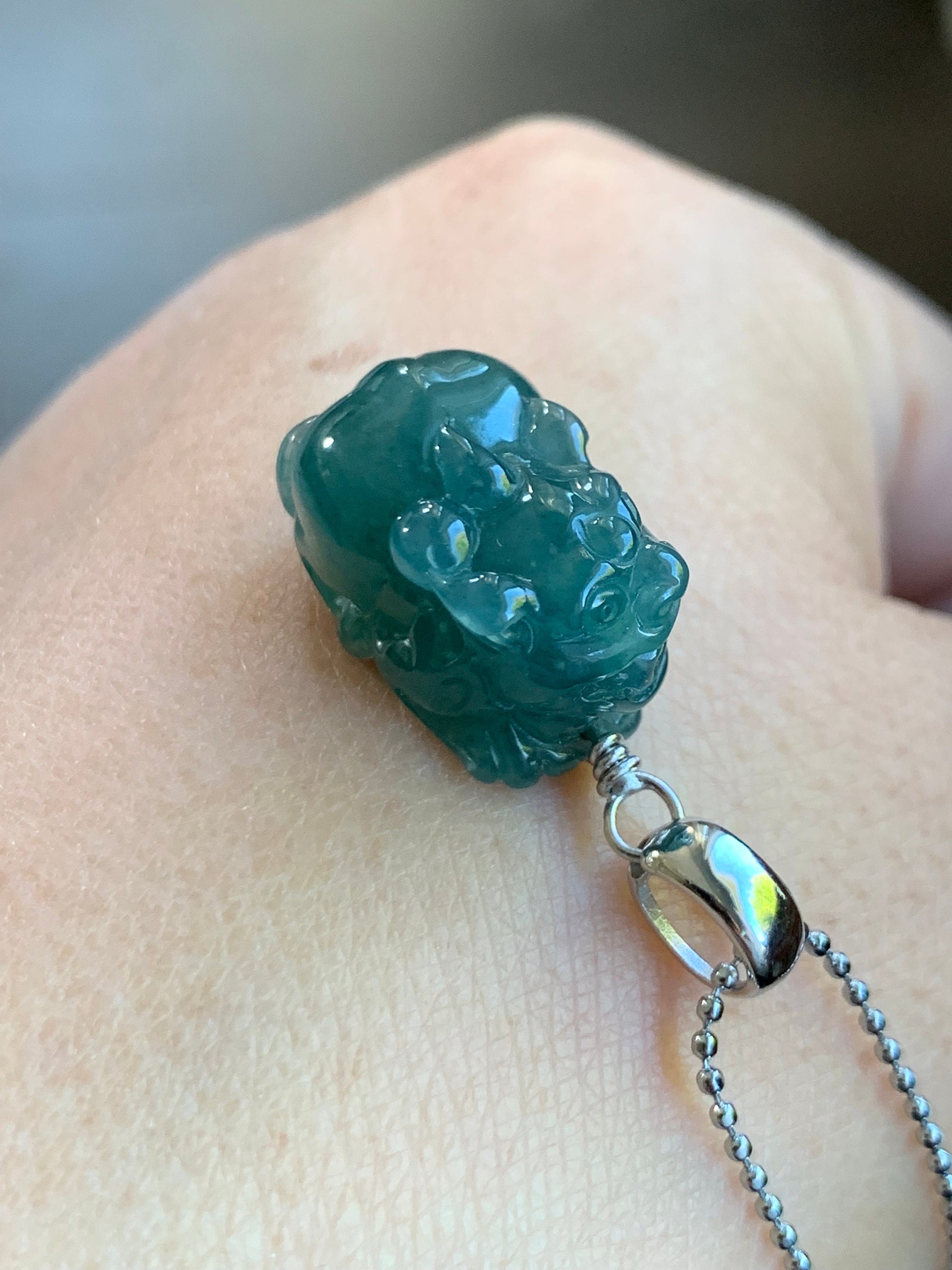 Natural Guatemalan Icy Translucent Gelatinous Rich Teal Blue Jadeite Carved Pixiu Pendant Sterling Silver Bail 天然老种冰胶危料湖水蓝翡翠貔貅吊坠