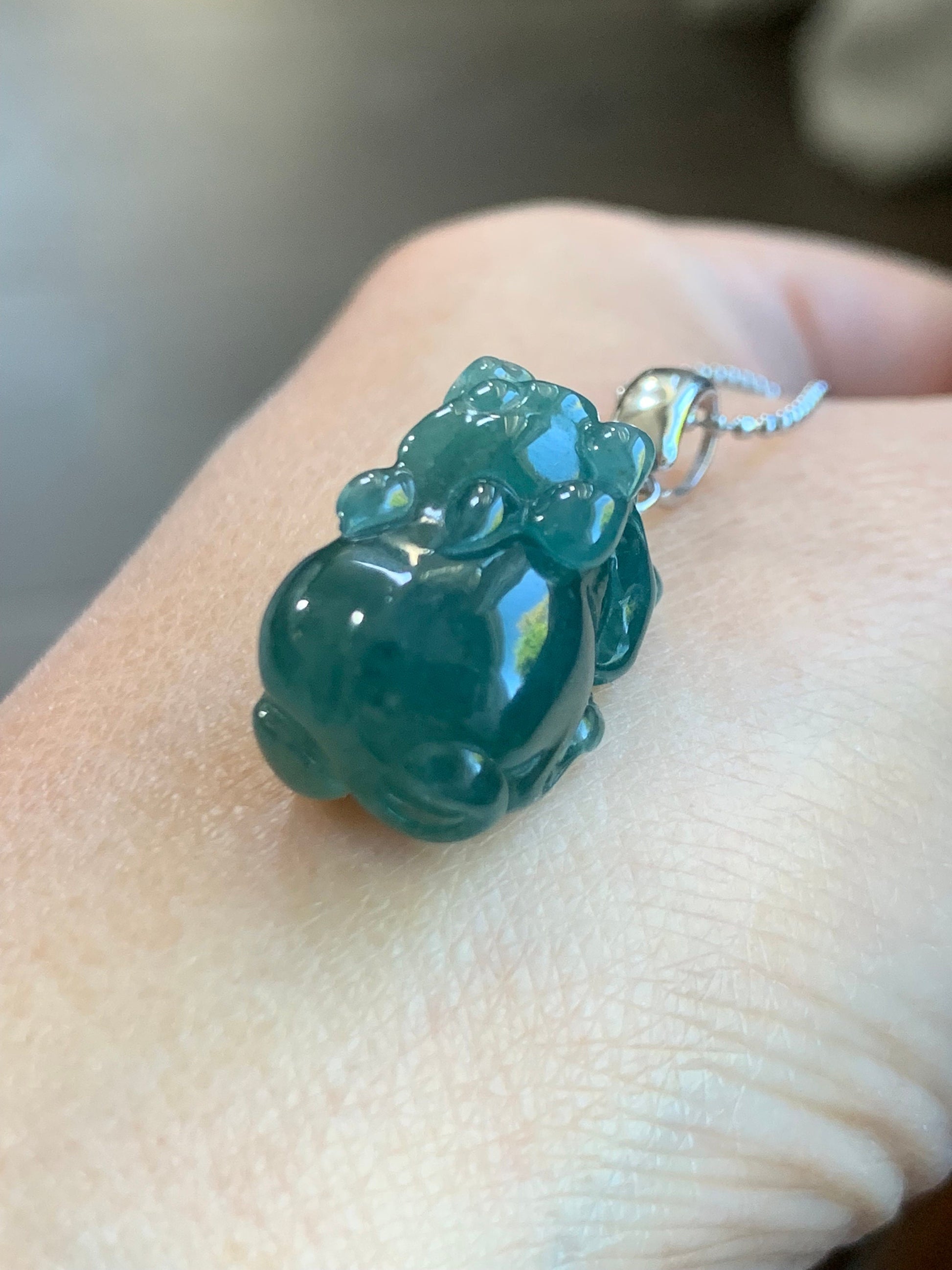 Natural Guatemalan Icy Translucent Gelatinous Rich Teal Blue Jadeite Carved Pixiu Pendant Sterling Silver Bail 天然老种冰胶危料湖水蓝翡翠貔貅吊坠