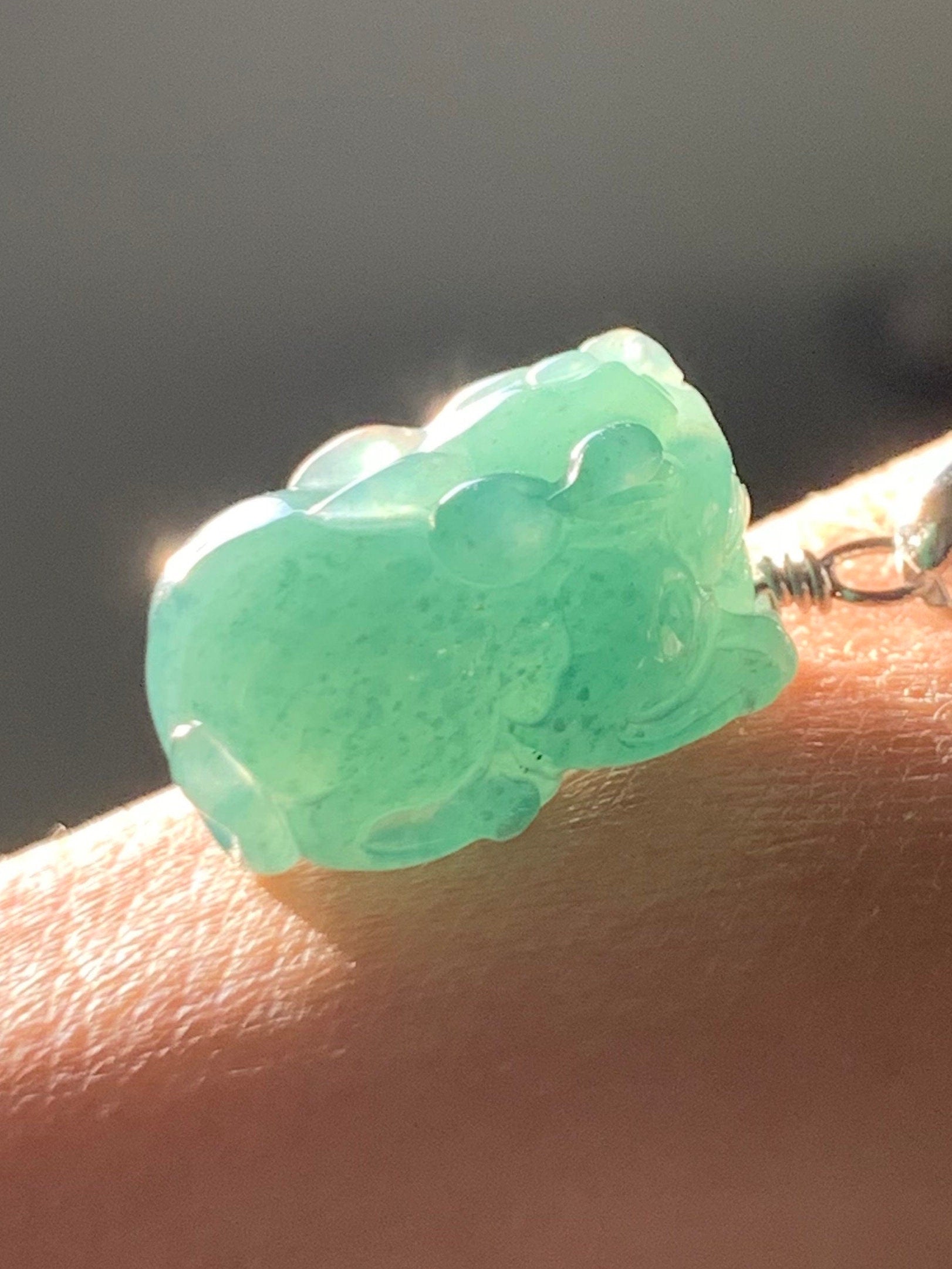 Natural Guatemalan Icy Translucent Gelatinous Rich Teal Blue Jadeite Carved Pixiu Pendant Sterling Silver Bail 天然老种冰胶危料湖水蓝翡翠貔貅吊坠
