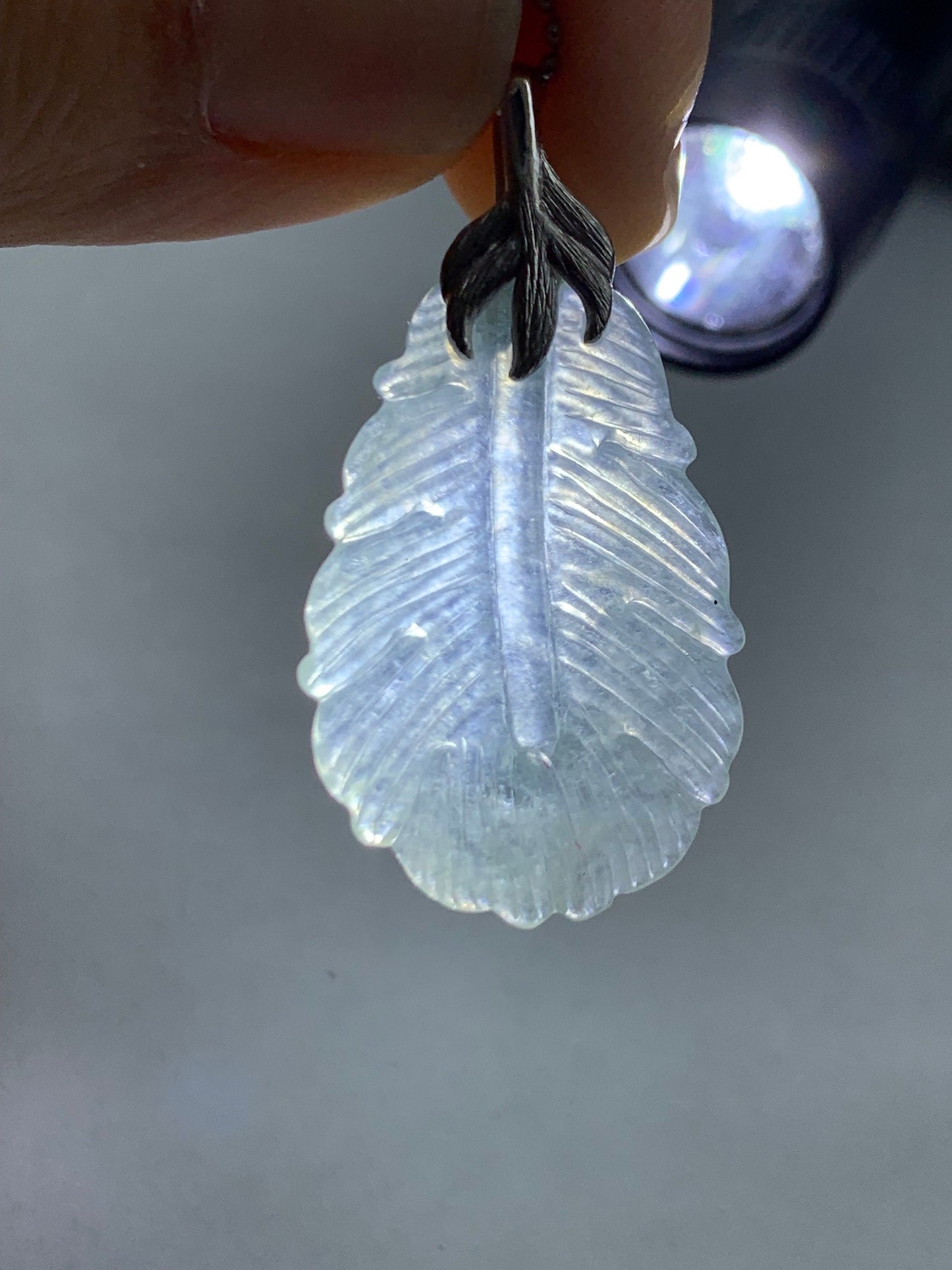 Certified Natural Burmese Icy Highly Translucent Clear White Jadeite Carved Feather Pendant 18K White Gold 天然缅甸白冰翡翠羽毛镶嵌吊坠 5154