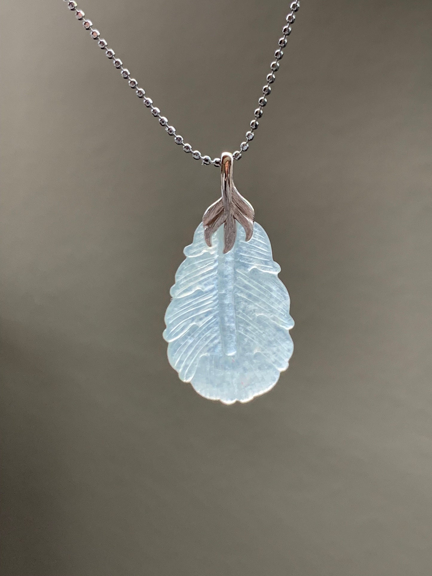Certified Natural Burmese Icy Highly Translucent Clear White Jadeite Carved Feather Pendant 18K White Gold 天然缅甸白冰翡翠羽毛镶嵌吊坠 5154