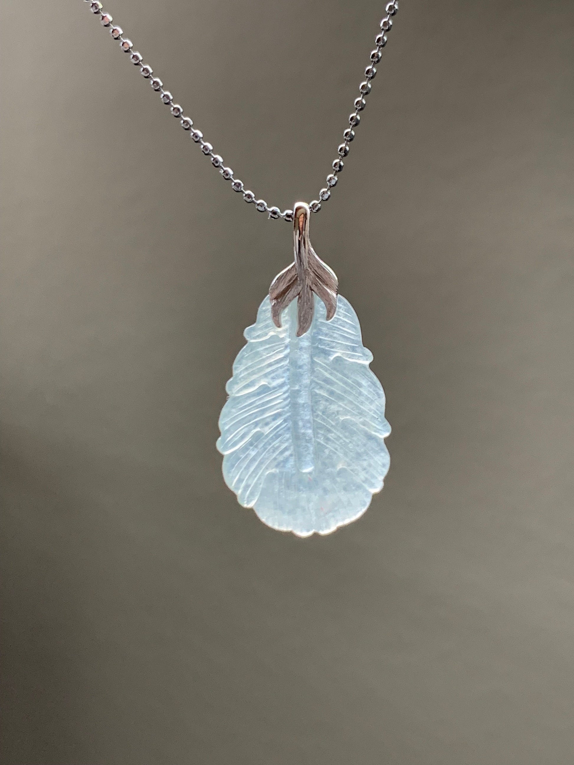 Certified Natural Burmese Icy Highly Translucent Clear White Jadeite Carved Feather Pendant 18K White Gold 天然缅甸白冰翡翠羽毛镶嵌吊坠 5154