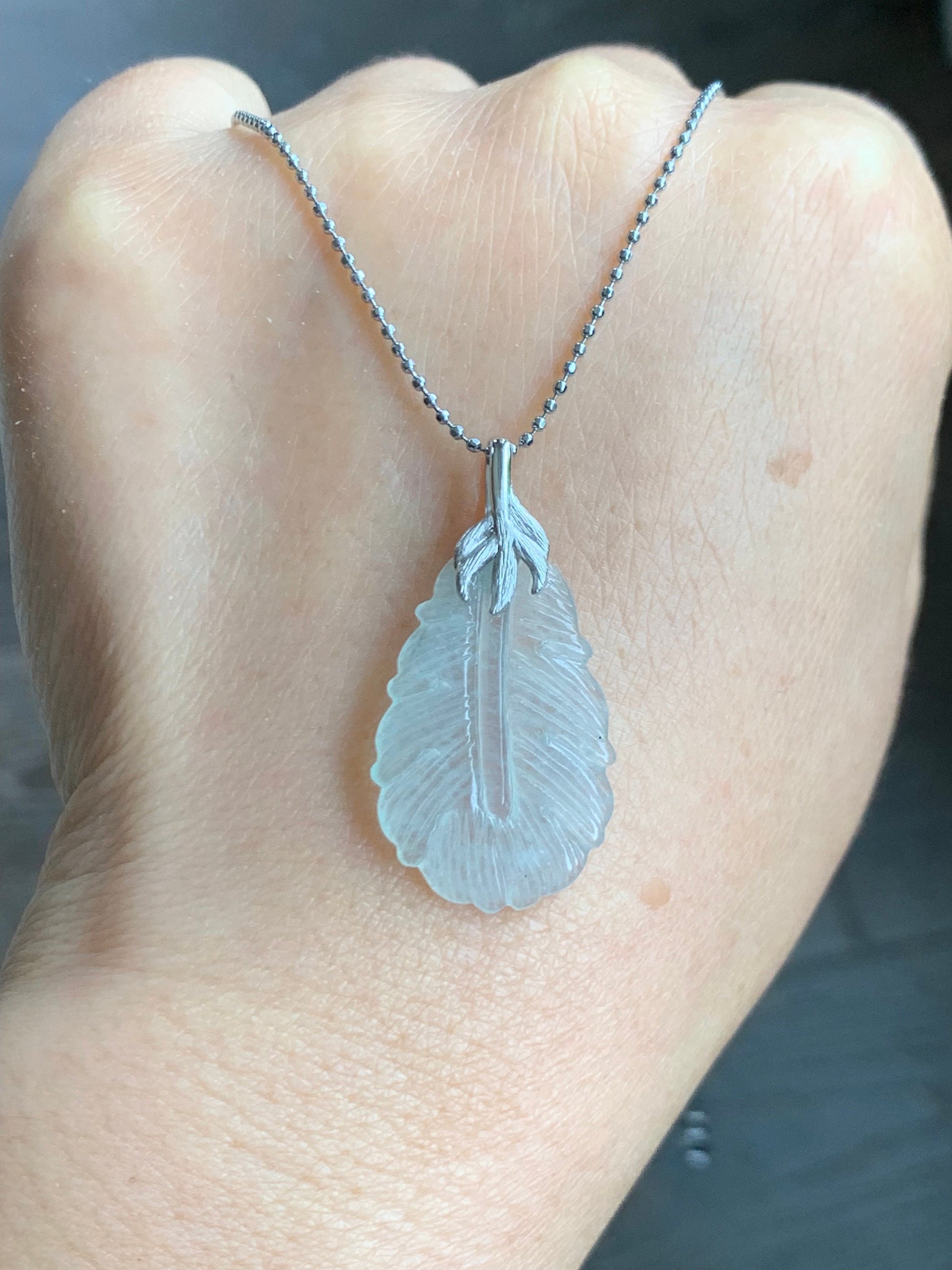 Certified Natural Burmese Icy Highly Translucent Clear White Jadeite Carved Feather Pendant 18K White Gold 天然缅甸白冰翡翠羽毛镶嵌吊坠 5154