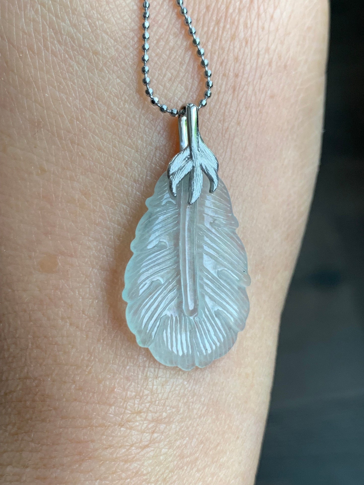 Certified Natural Burmese Icy Highly Translucent Clear White Jadeite Carved Feather Pendant 18K White Gold 天然缅甸白冰翡翠羽毛镶嵌吊坠 5154