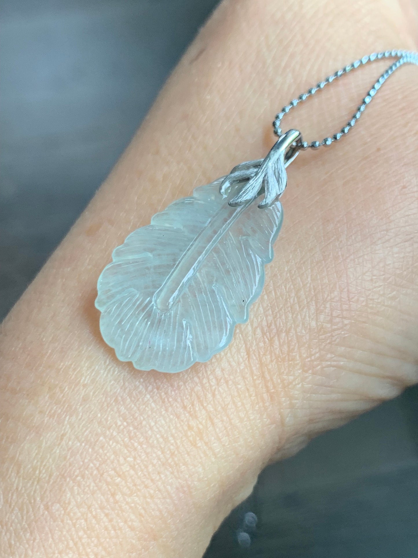 Certified Natural Burmese Icy Highly Translucent Clear White Jadeite Carved Feather Pendant 18K White Gold 天然缅甸白冰翡翠羽毛镶嵌吊坠 5154