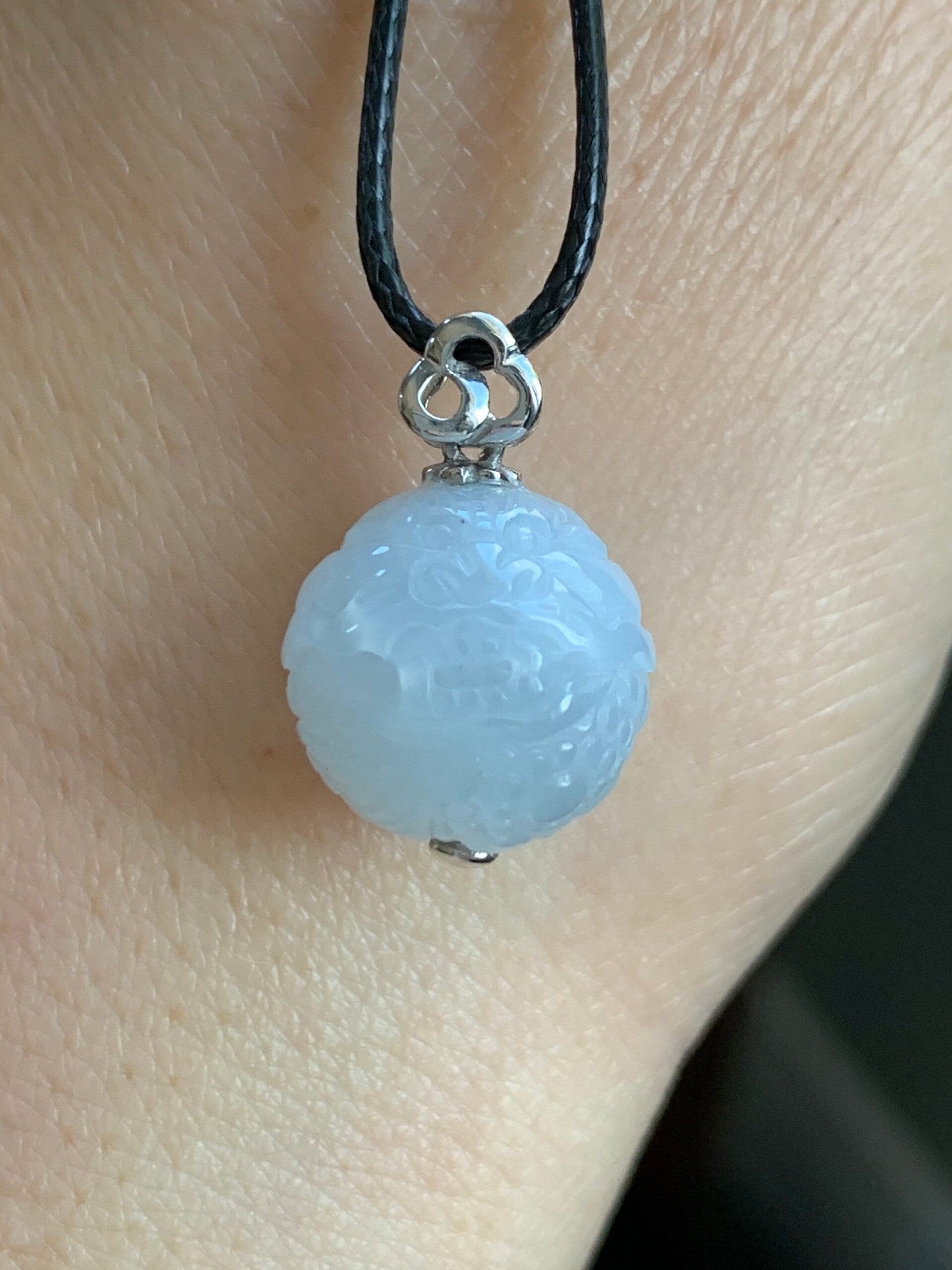 Certified Natural Burmese Icy Translucent Gelatinous White Jadeite Carved Dragon Ball Sphere Pendant 18K White Gold 天然缅甸冰胶白冰翡翠龙珠镶嵌吊坠 3761
