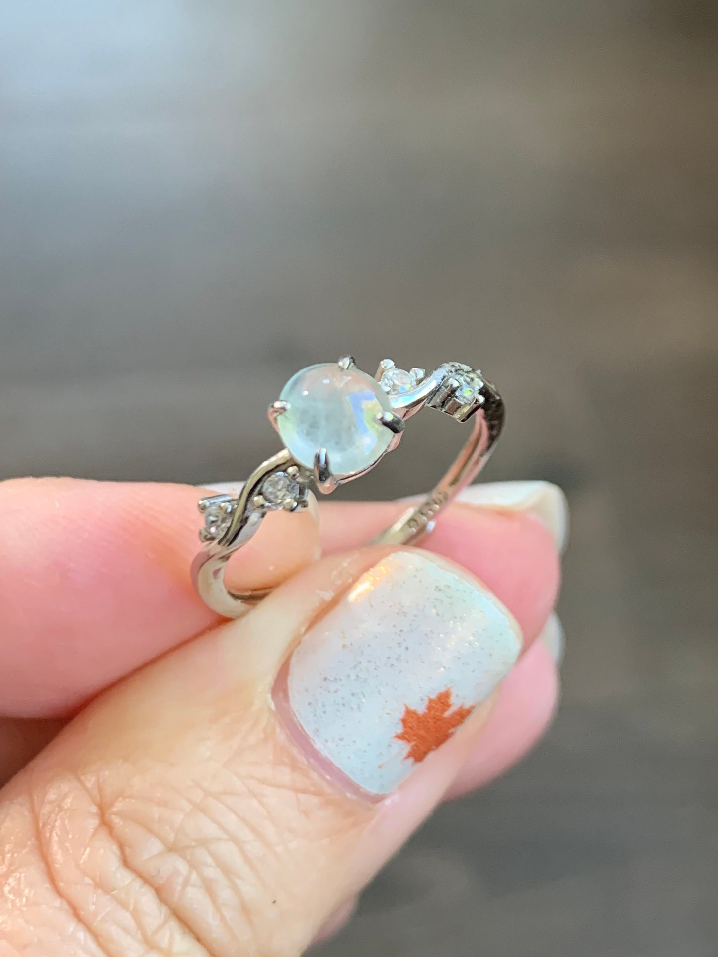 Natural Burmese Icy Highly Translucent Gelatinous White Jadeite Ring Sterling Silver Size Adjustable 天然缅甸白冰翡翠蛋面银镶戒指 XMB50
