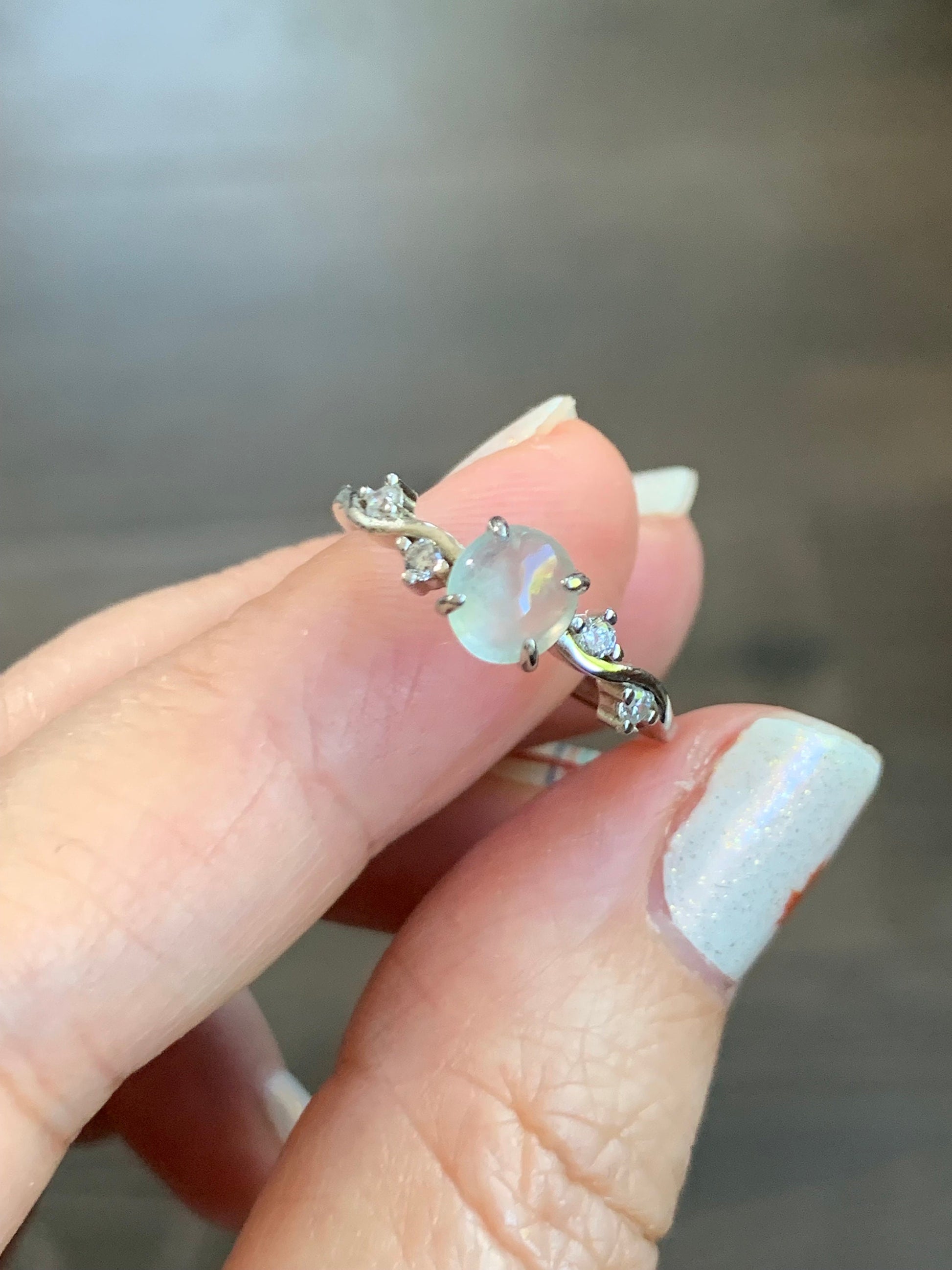 Natural Burmese Icy Highly Translucent Gelatinous White Jadeite Ring Sterling Silver Size Adjustable 天然缅甸白冰翡翠蛋面银镶戒指 XMB50