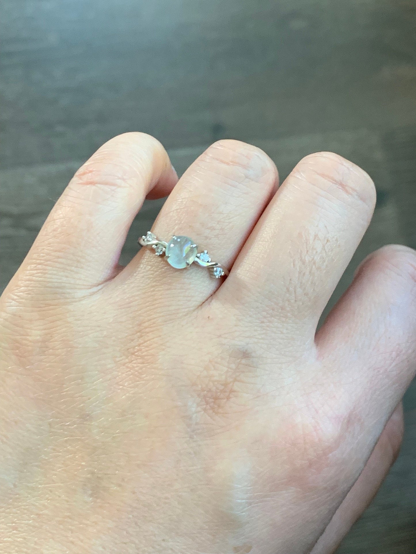 Natural Burmese Icy Highly Translucent Gelatinous White Jadeite Ring Sterling Silver Size Adjustable 天然缅甸白冰翡翠蛋面银镶戒指 XMB50