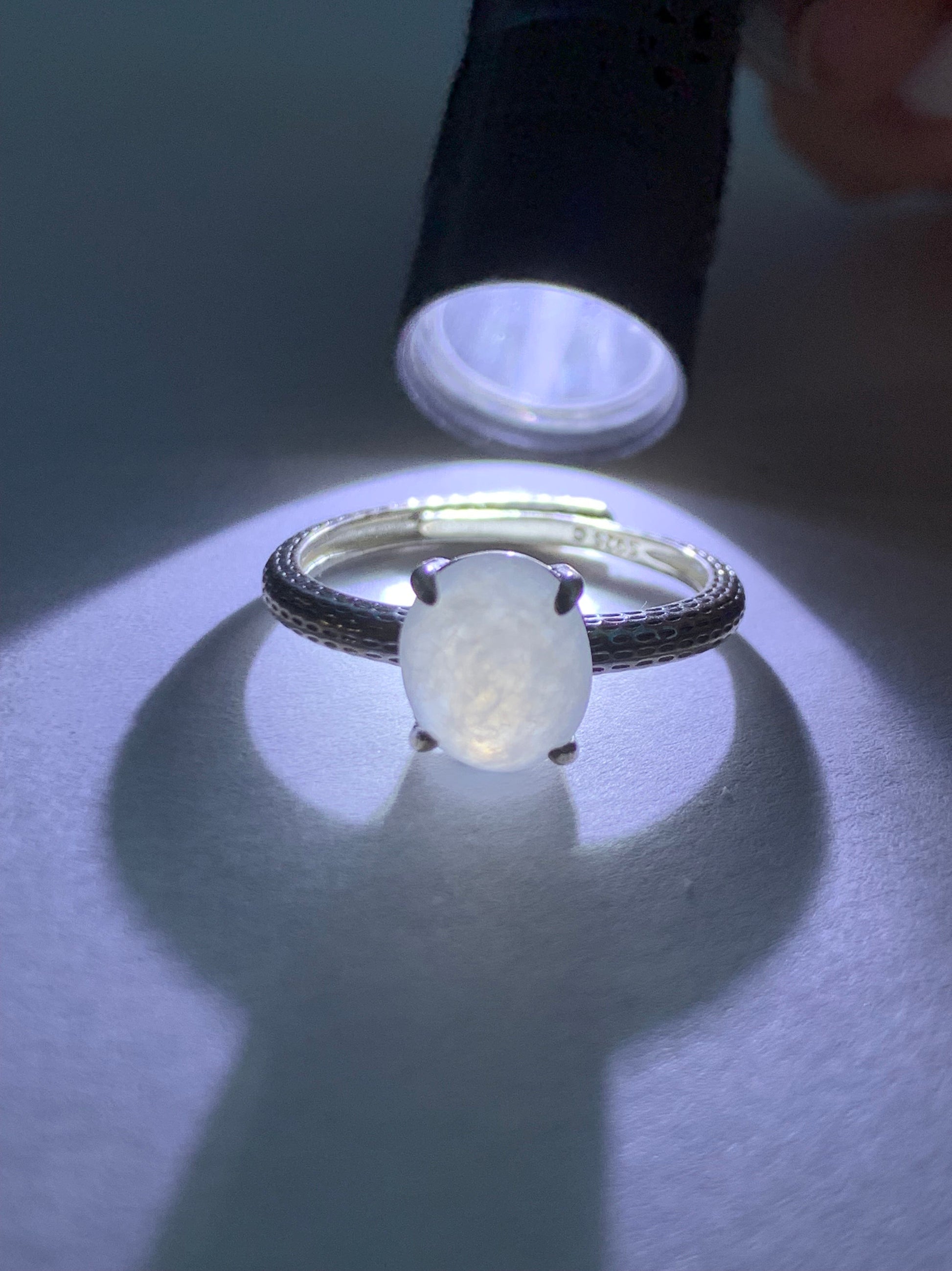 Natural Burmese Icy Translucent Gelatinous White Jadeite Ring Sterling Silver Size Adjustable 天然缅甸白冰翡翠蛋面银镶戒指 MBBA