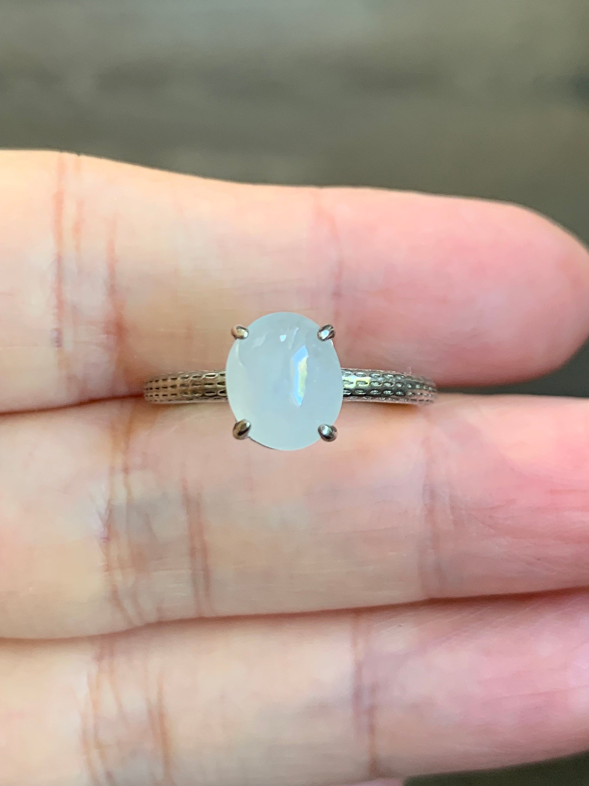 Natural Burmese Icy Translucent Gelatinous White Jadeite Ring Sterling Silver Size Adjustable 天然缅甸白冰翡翠蛋面银镶戒指 MBBA