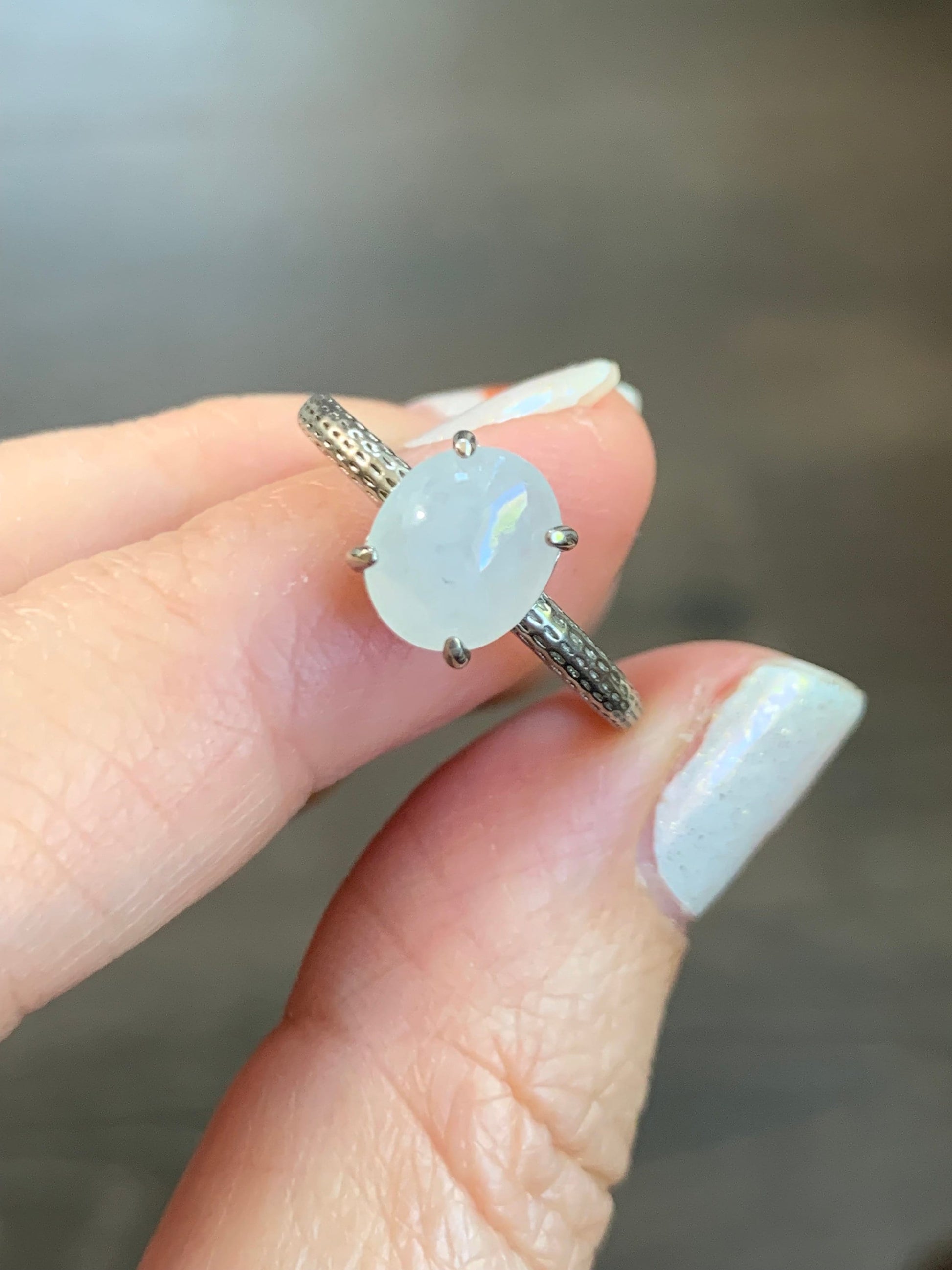 Natural Burmese Icy Translucent Gelatinous White Jadeite Ring Sterling Silver Size Adjustable 天然缅甸白冰翡翠蛋面银镶戒指 MBBA