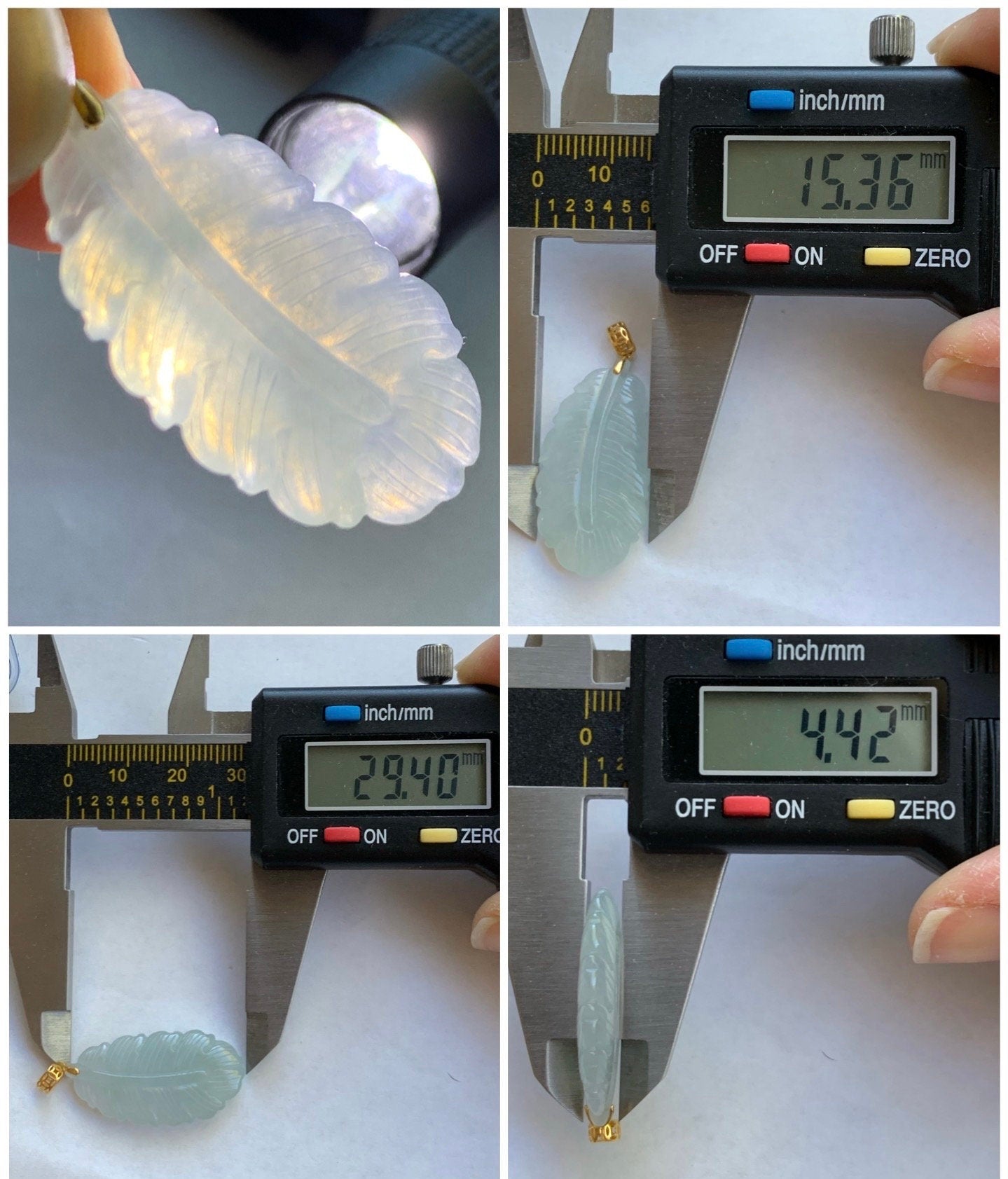 Natural Burmese Icy Translucent Light Green Jadeite Carved Feather Pendant 18K Yellow Gold 天然缅甸冰淡晴底翡翠羽毛镶嵌吊坠 A830