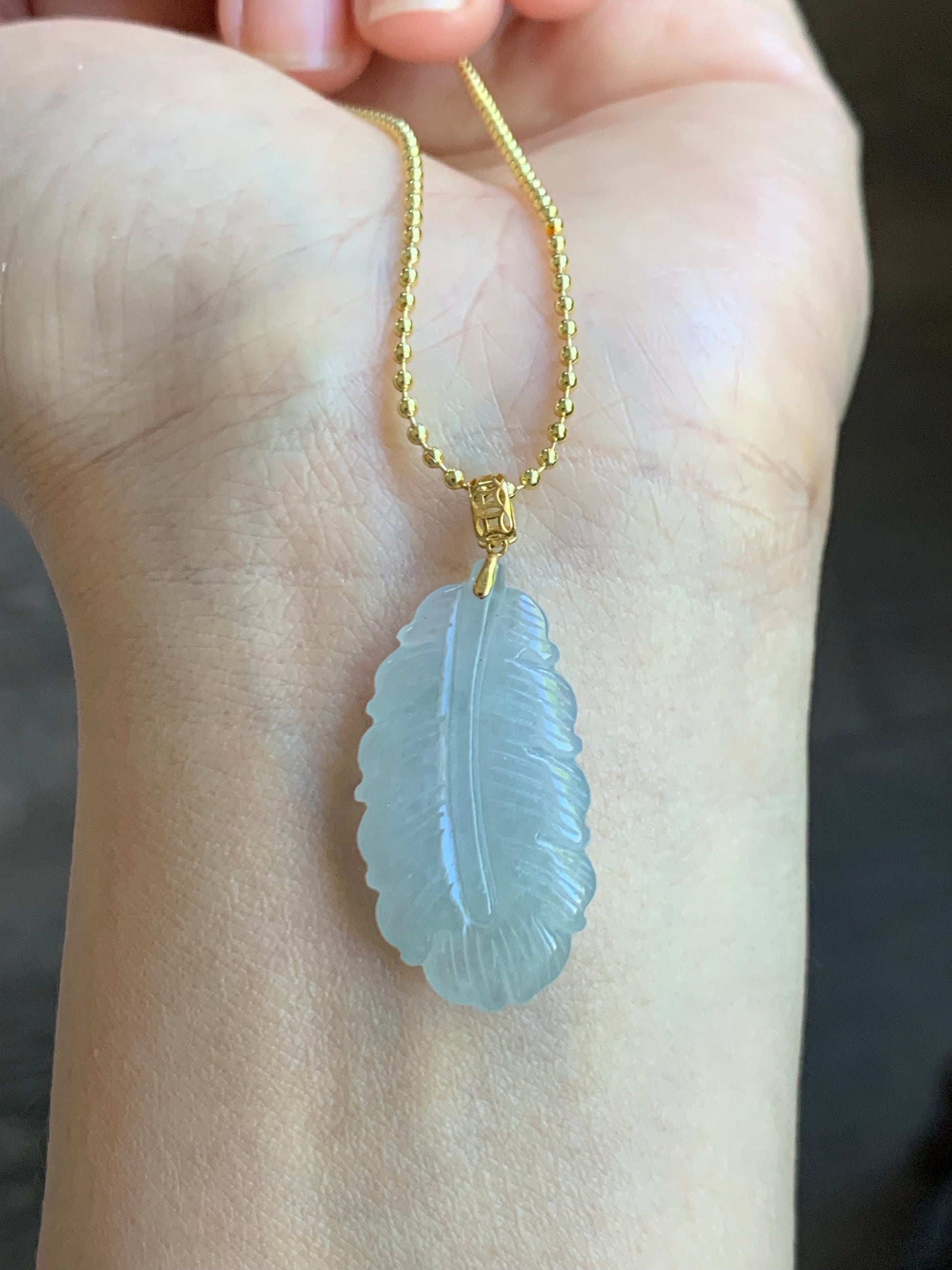 Natural Burmese Icy Translucent Light Green Jadeite Carved Feather Pendant 18K Yellow Gold 天然缅甸冰淡晴底翡翠羽毛镶嵌吊坠 A830