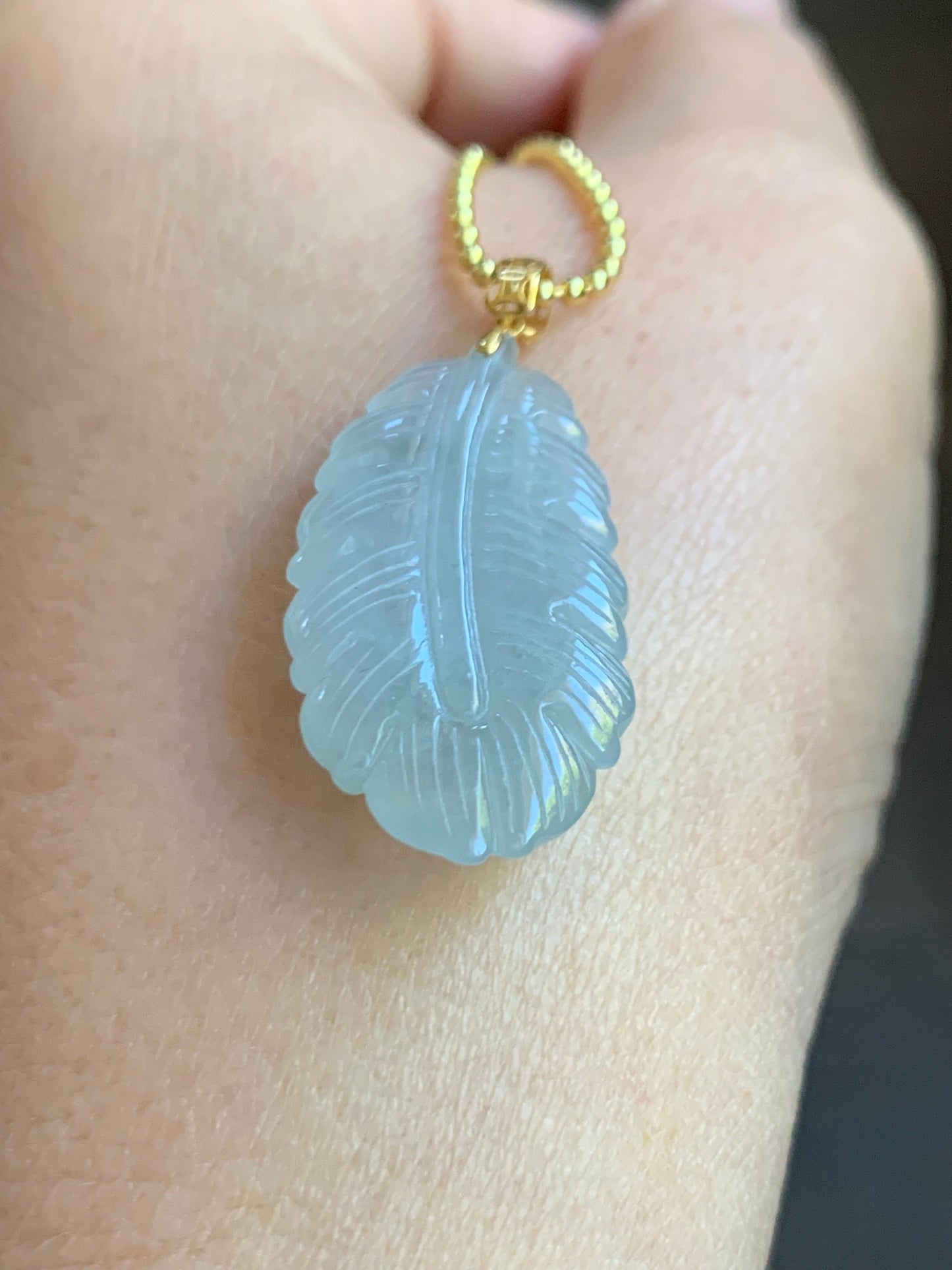Natural Burmese Icy Translucent Light Green Jadeite Carved Feather Pendant 18K Yellow Gold 天然缅甸冰淡晴底翡翠羽毛镶嵌吊坠 A830