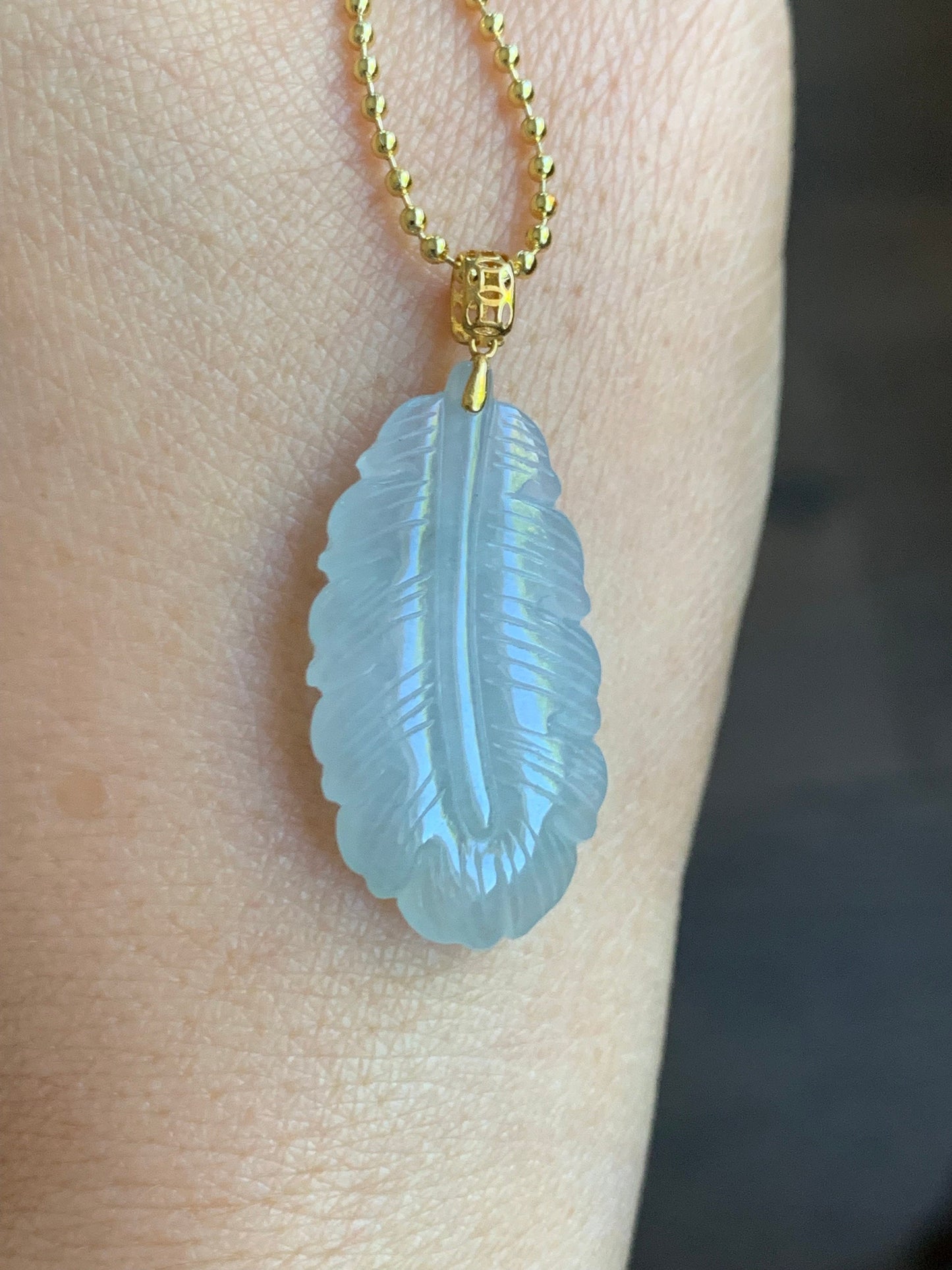 Natural Burmese Icy Translucent Light Green Jadeite Carved Feather Pendant 18K Yellow Gold 天然缅甸冰淡晴底翡翠羽毛镶嵌吊坠 A830