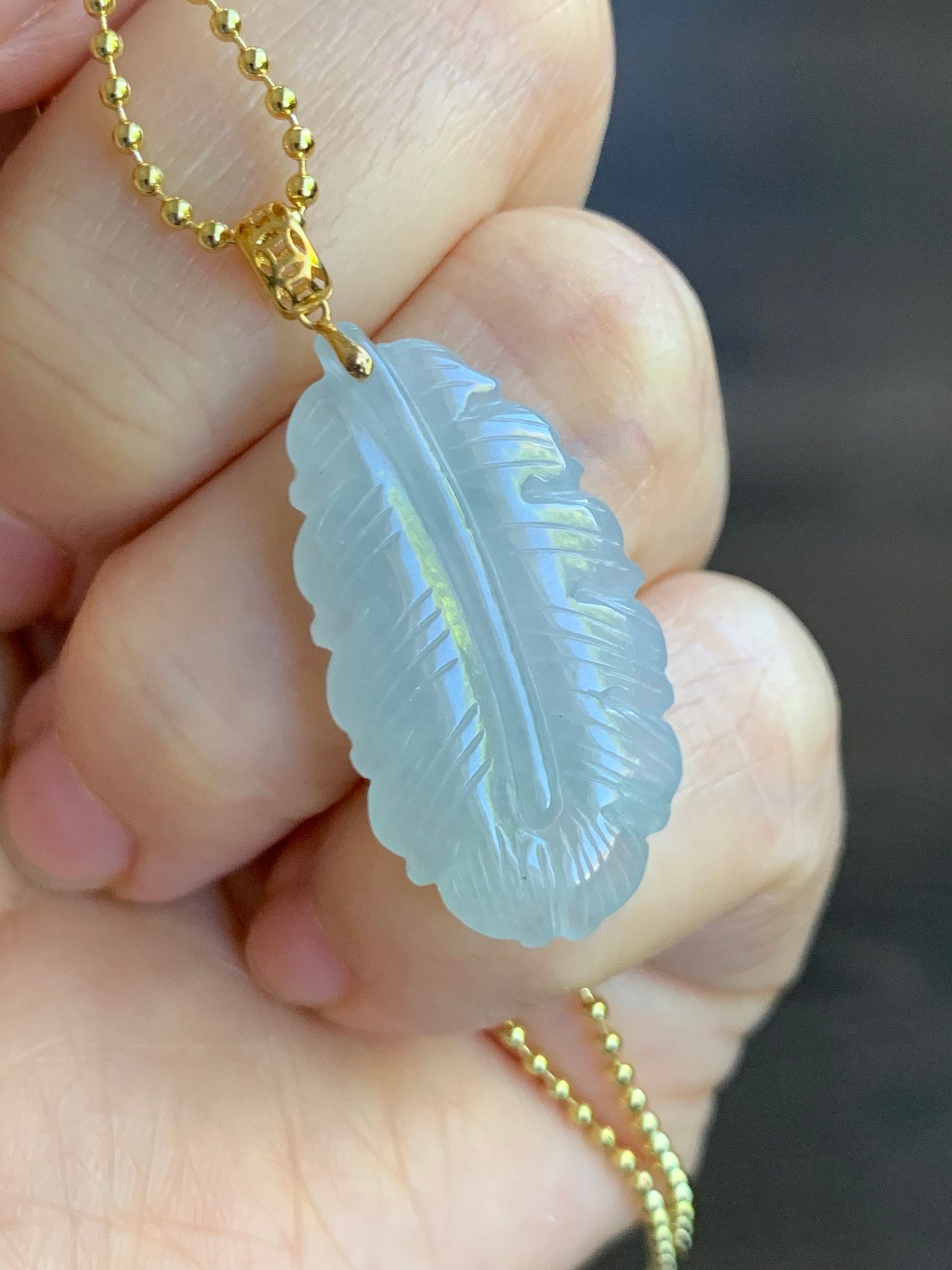 Natural Burmese Icy Translucent Light Green Jadeite Carved Feather Pendant 18K Yellow Gold 天然缅甸冰淡晴底翡翠羽毛镶嵌吊坠 A830