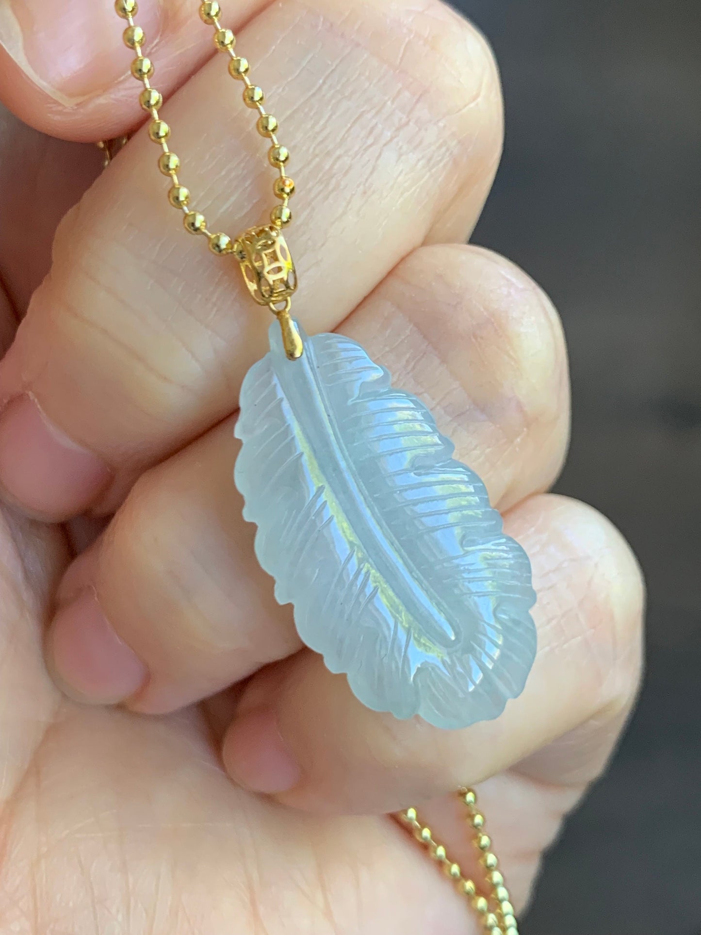 Natural Burmese Icy Translucent Light Green Jadeite Carved Feather Pendant 18K Yellow Gold 天然缅甸冰淡晴底翡翠羽毛镶嵌吊坠 A830