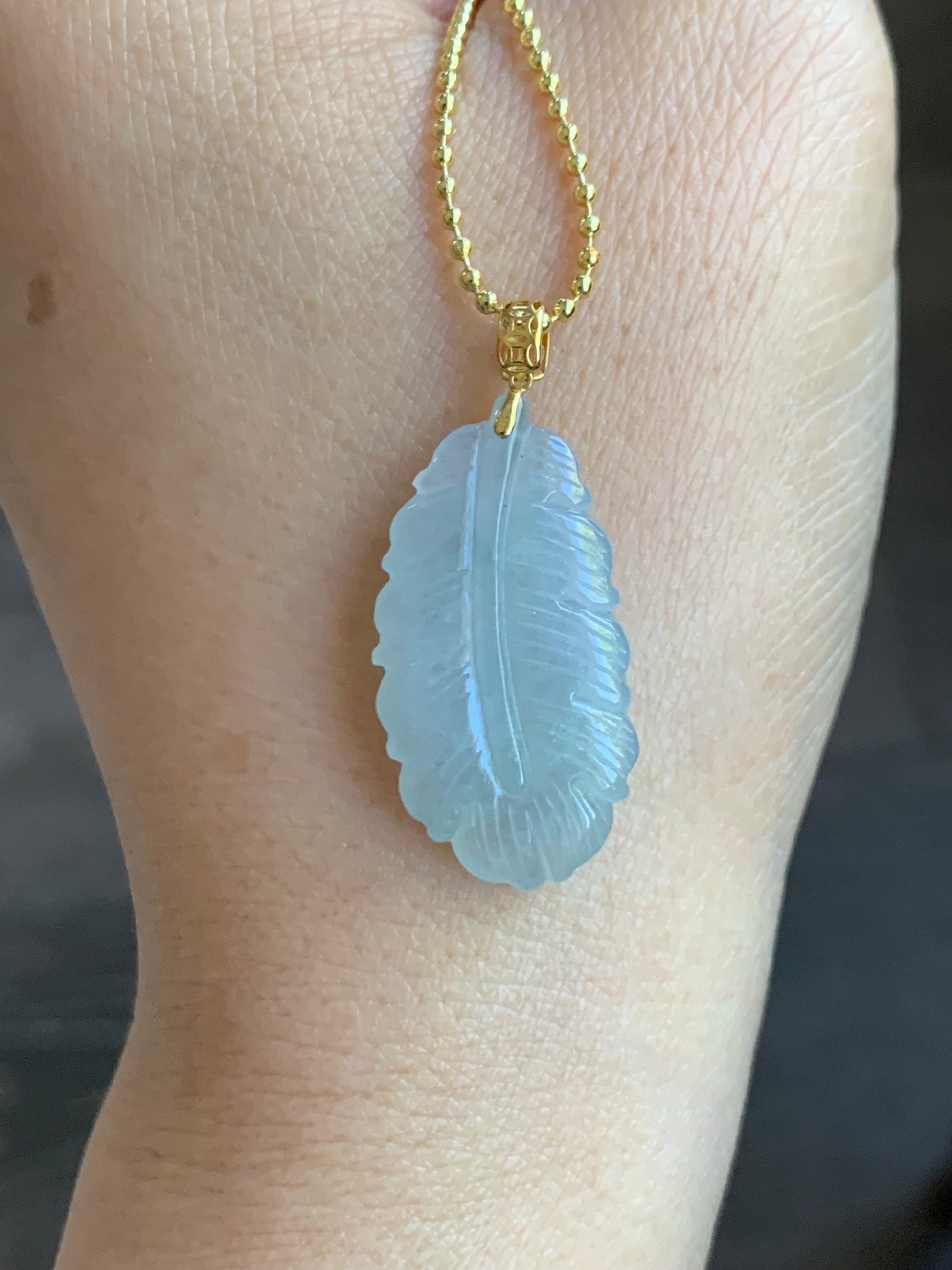 Natural Burmese Icy Translucent Light Green Jadeite Carved Feather Pendant 18K Yellow Gold 天然缅甸冰淡晴底翡翠羽毛镶嵌吊坠 A830