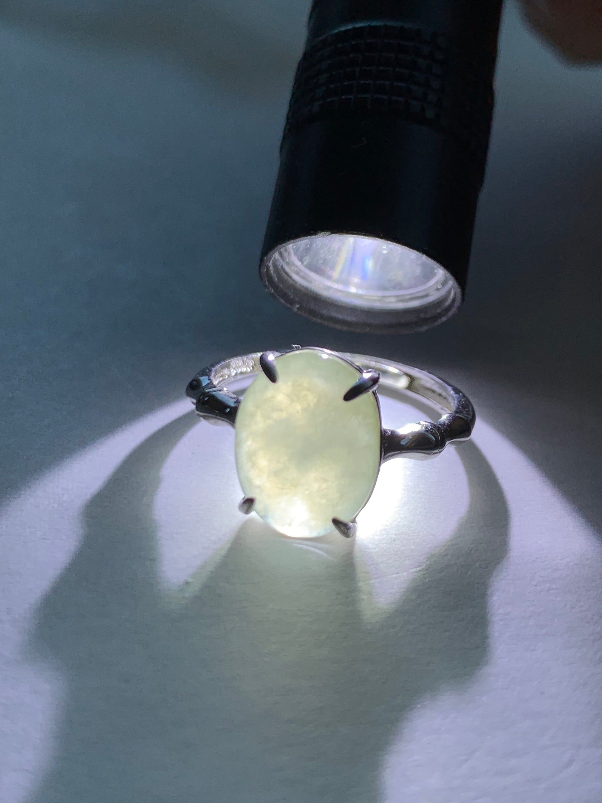 Natural Burmese Icy Light Green Translucent Oval Cabochon Jadeite Ring Bamboo Band Sterling Silver Size 6 Adjustable 天然缅甸冰晴底翡翠银镶竹节戒指 MZJ100