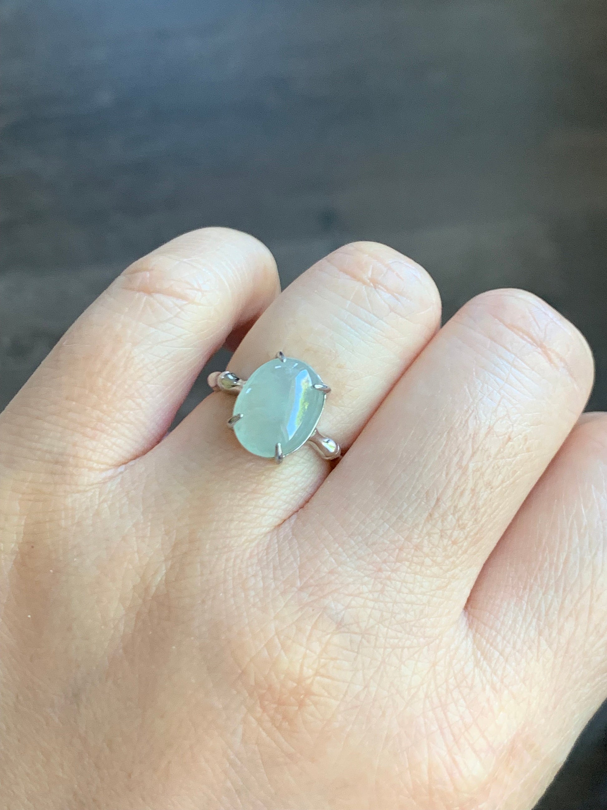 Natural Burmese Icy Light Green Translucent Oval Cabochon Jadeite Ring Bamboo Band Sterling Silver Size 6 Adjustable 天然缅甸冰晴底翡翠银镶竹节戒指 MZJ100