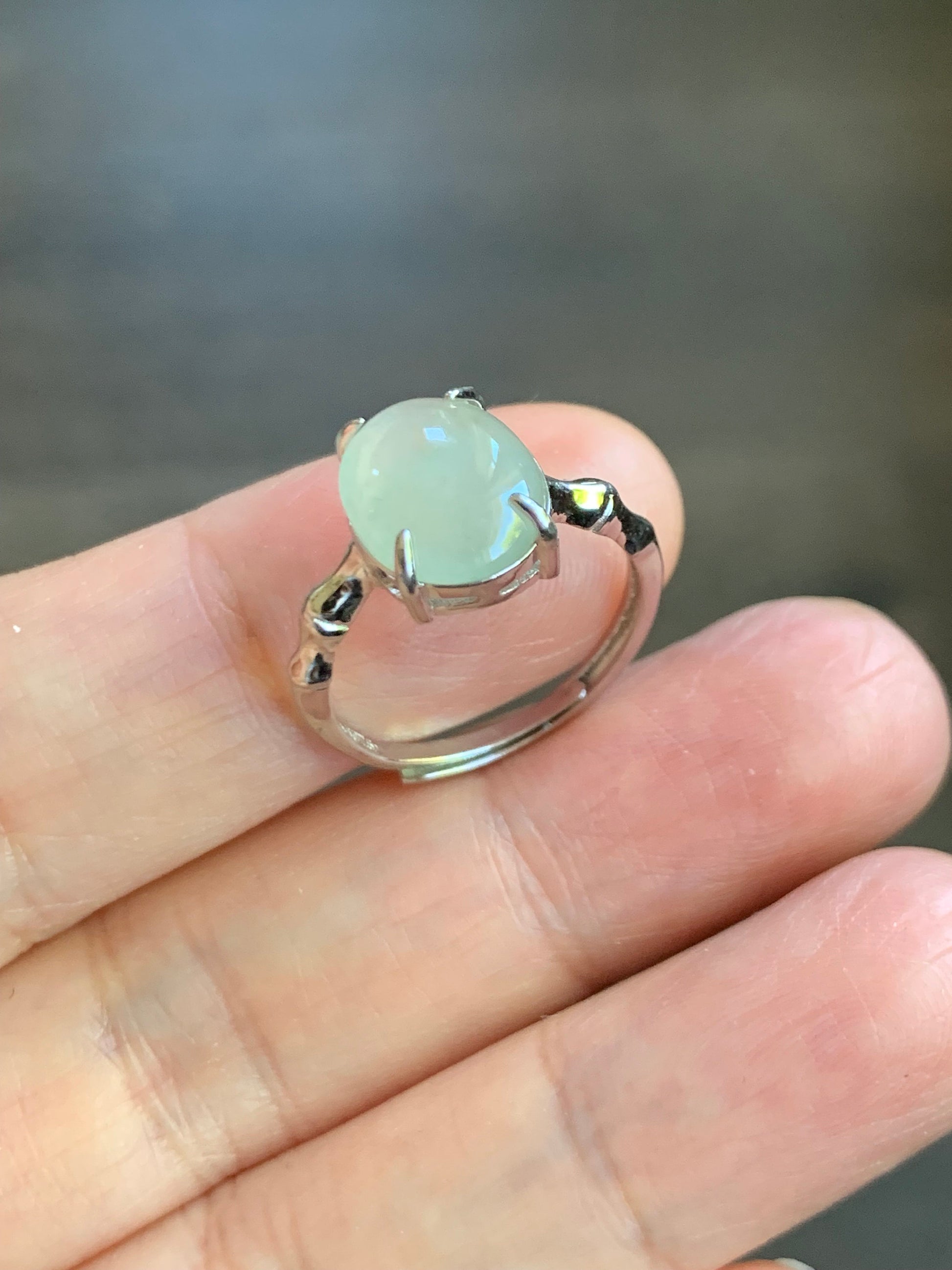Natural Burmese Icy Light Green Translucent Oval Cabochon Jadeite Ring Bamboo Band Sterling Silver Size 6 Adjustable 天然缅甸冰晴底翡翠银镶竹节戒指 MZJ100