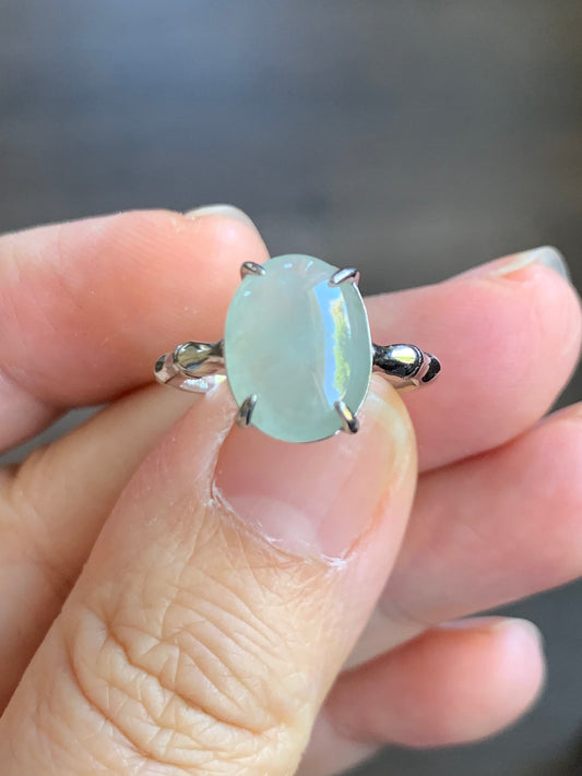 Natural Burmese Icy Light Green Translucent Oval Cabochon Jadeite Ring Bamboo Band Sterling Silver Size 6 Adjustable 天然缅甸冰晴底翡翠银镶竹节戒指 MZJ100
