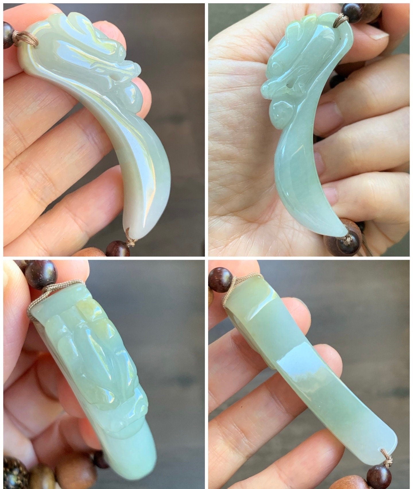 Natural Burmese Icy Translucent Dusty Sage Green Jadeite Carved 3D Dragon Hook Wood Beads Beaded Bracelet 7.25” 天然缅甸冰淡橄榄绿翡翠立体雕龙钩木珠手串